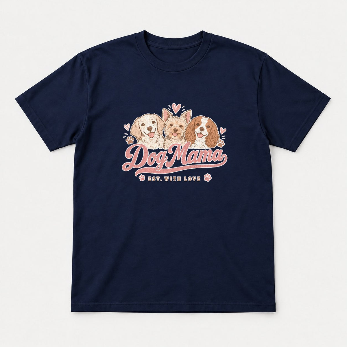 Dog Mama Est. With Love Cute Puppy Trio Graphic T-Shirt & Sweatshirt - Tshirt Navy Front
