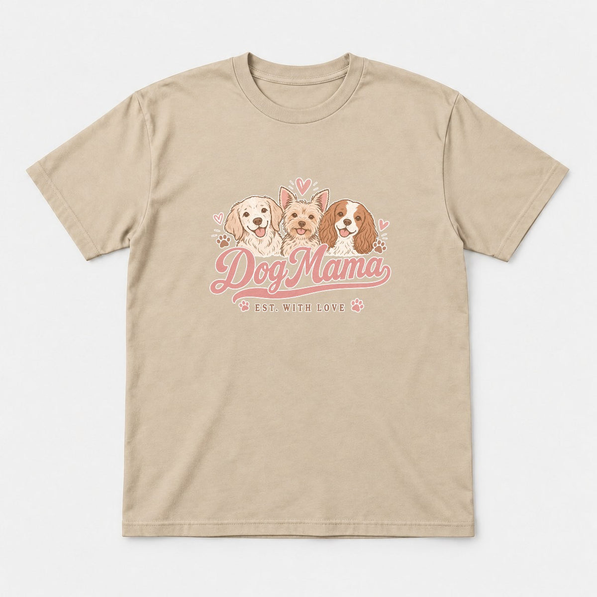 Dog Mama Est. With Love Cute Puppy Trio Graphic T-Shirt & Sweatshirt - Tshirt Sand Front