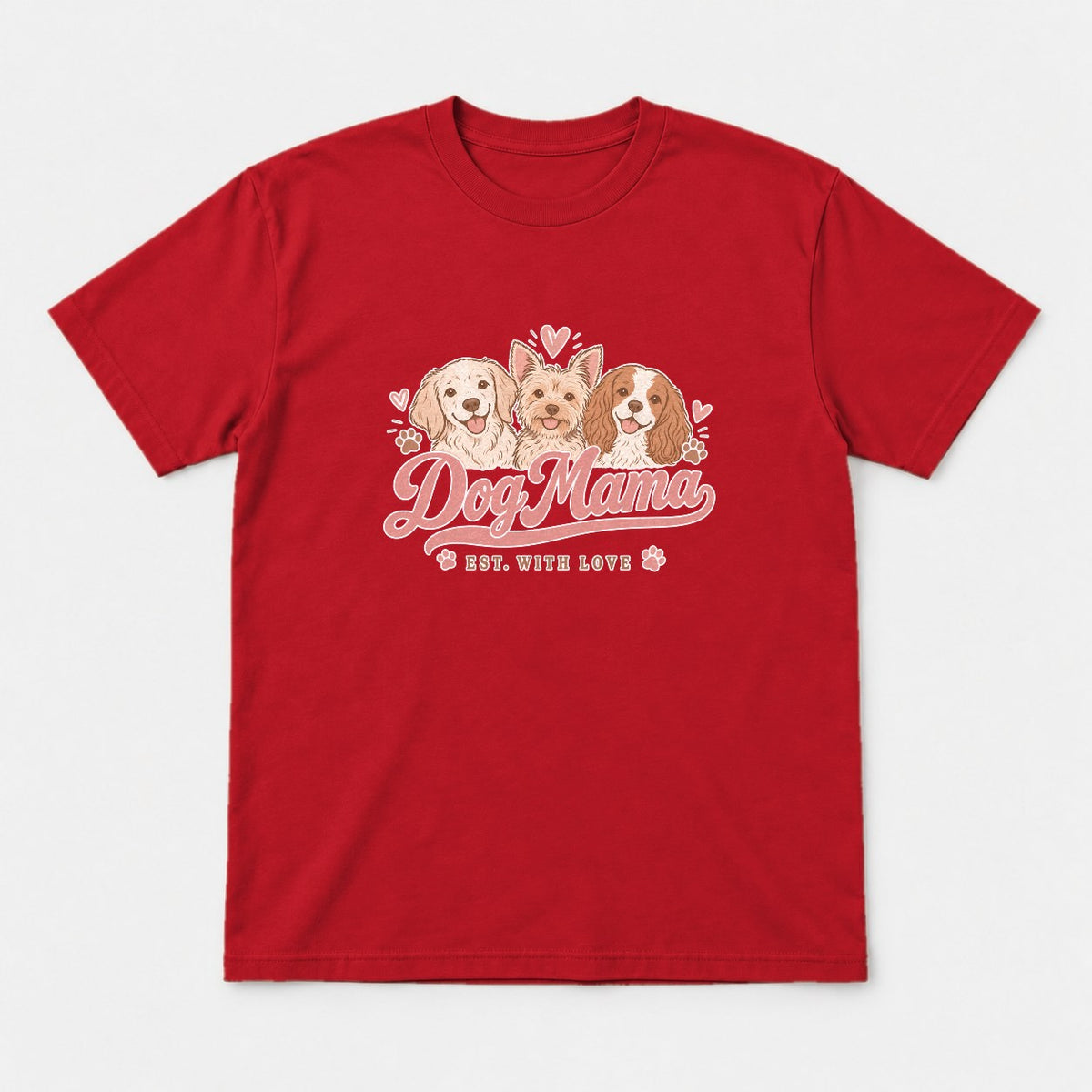 Dog Mama Est. With Love Cute Puppy Trio Graphic T-Shirt & Sweatshirt - Tshirt Red Front