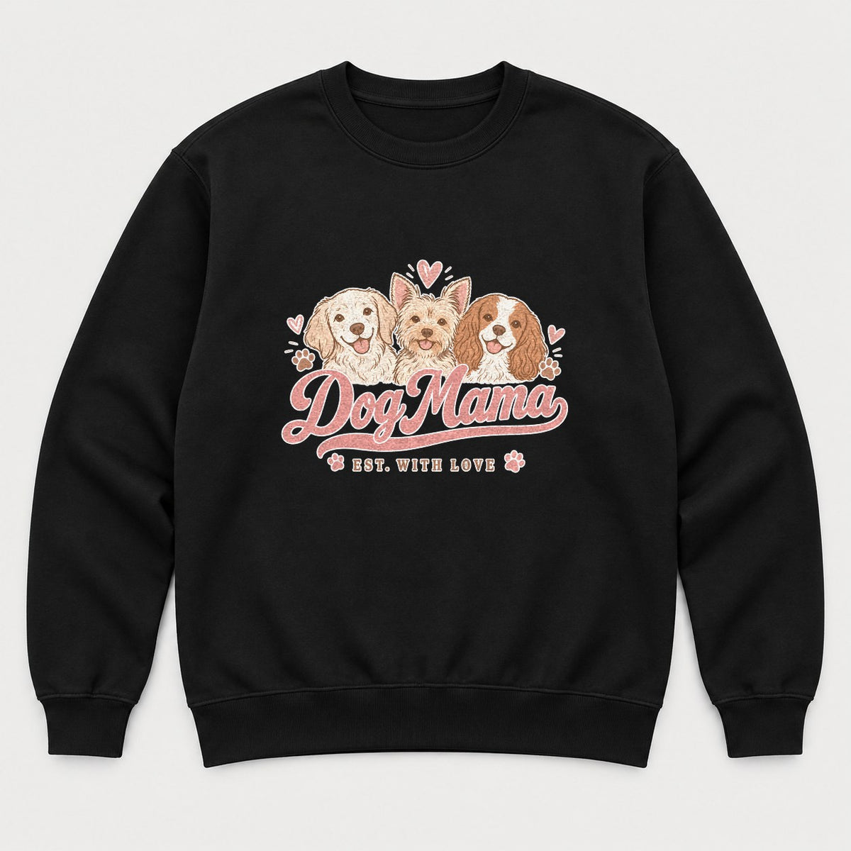 Dog Mama Est. With Love Cute Puppy Trio Graphic T-Shirt & Sweatshirt - Sweatshirt Black Front