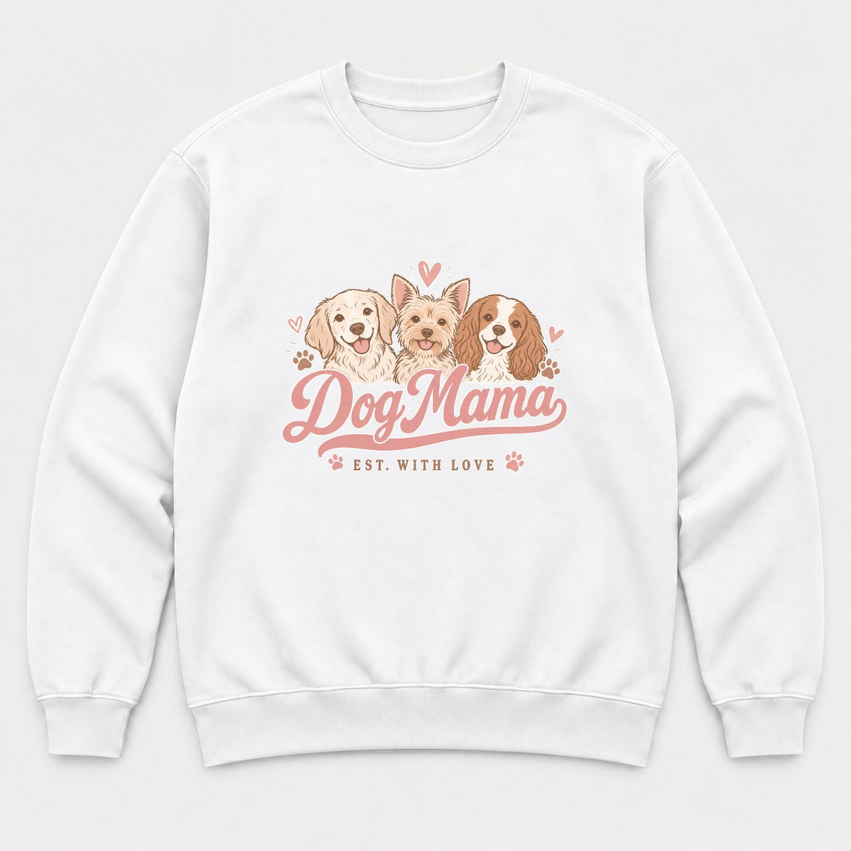 Dog Mama Est. With Love Cute Puppy Trio Graphic T-Shirt & Sweatshirt - Sweatshirt White Front