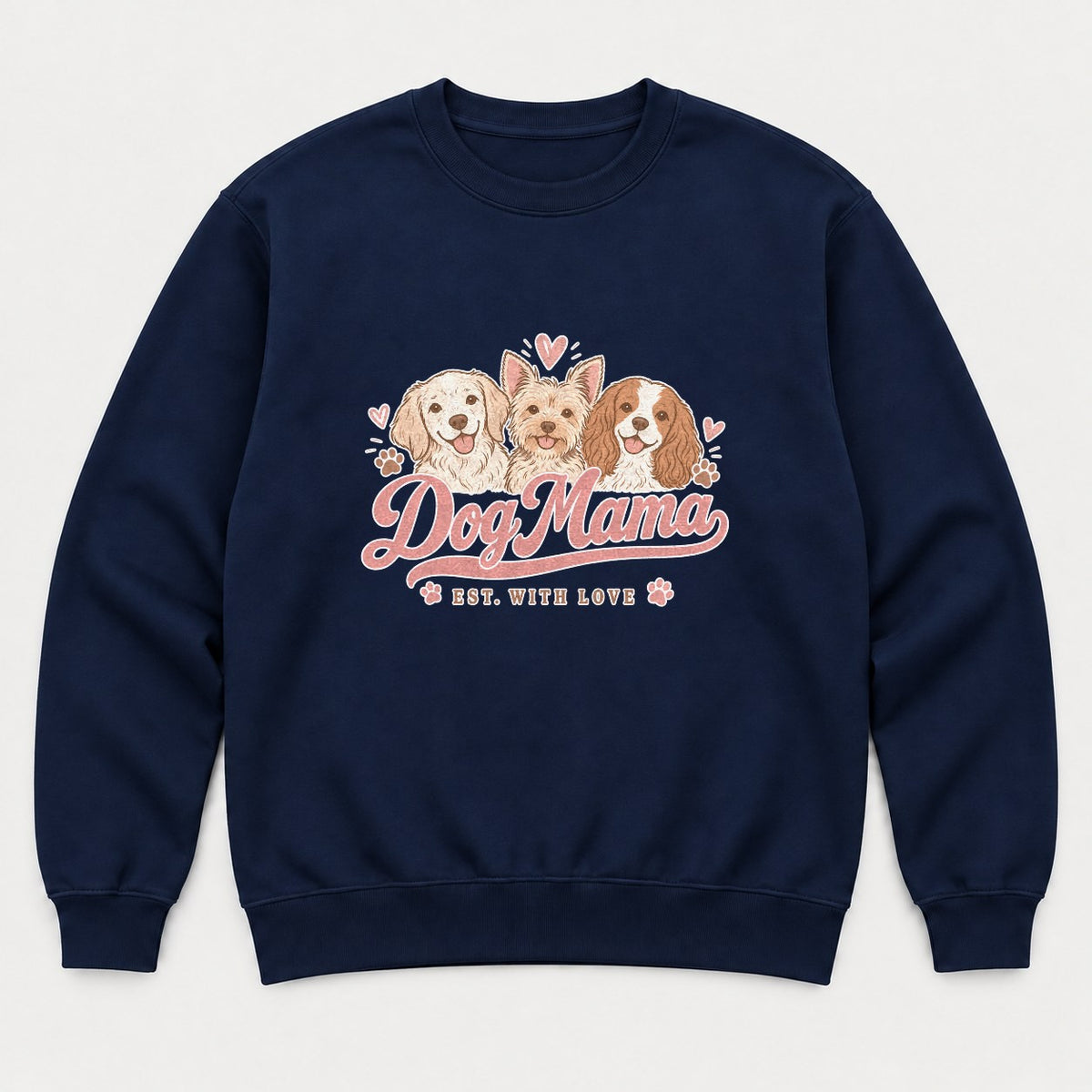 Dog Mama Est. With Love Cute Puppy Trio Graphic T-Shirt & Sweatshirt - Sweatshirt Navy Front