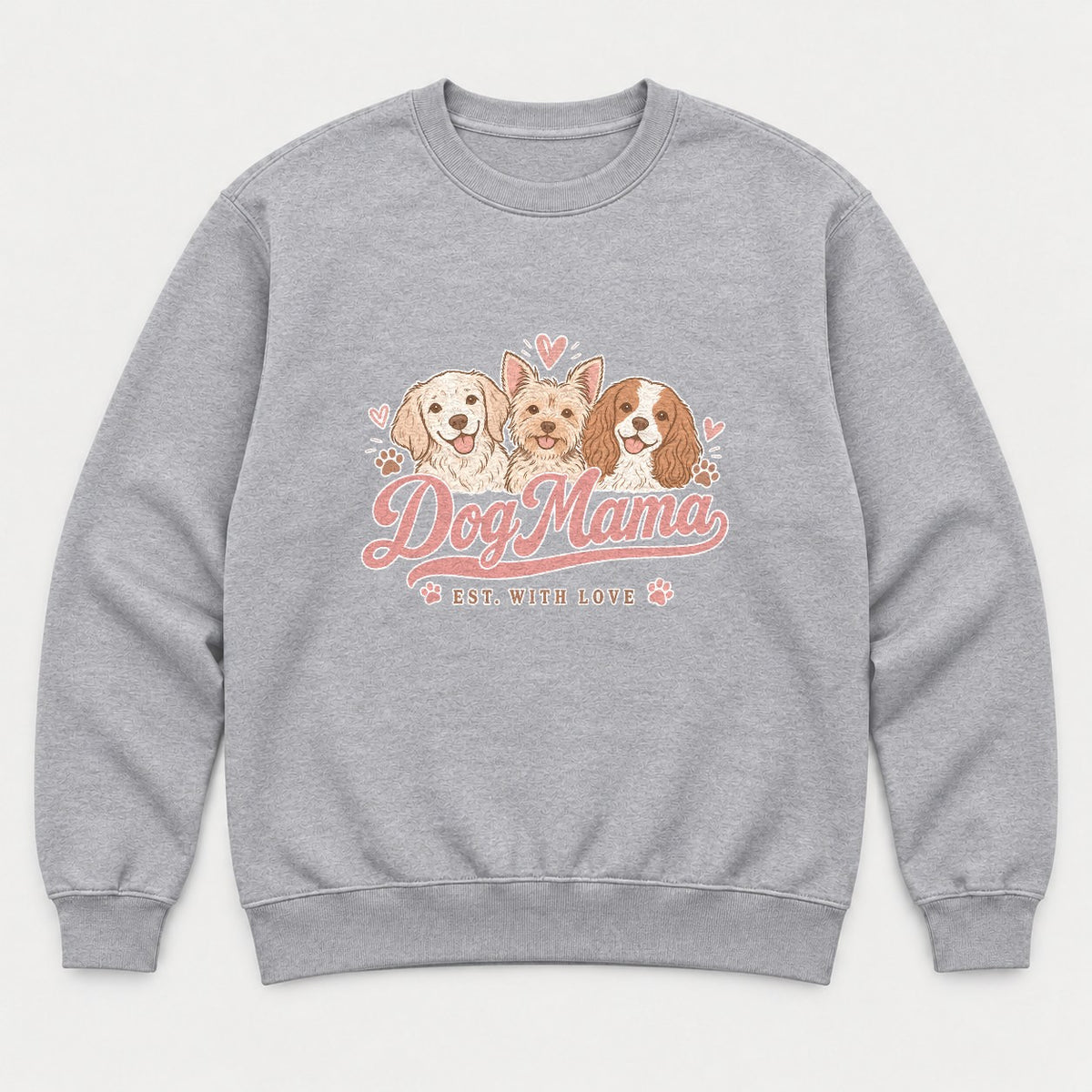 Dog Mama Est. With Love Cute Puppy Trio Graphic T-Shirt & Sweatshirt - Sweatshirt Sport Grey Front