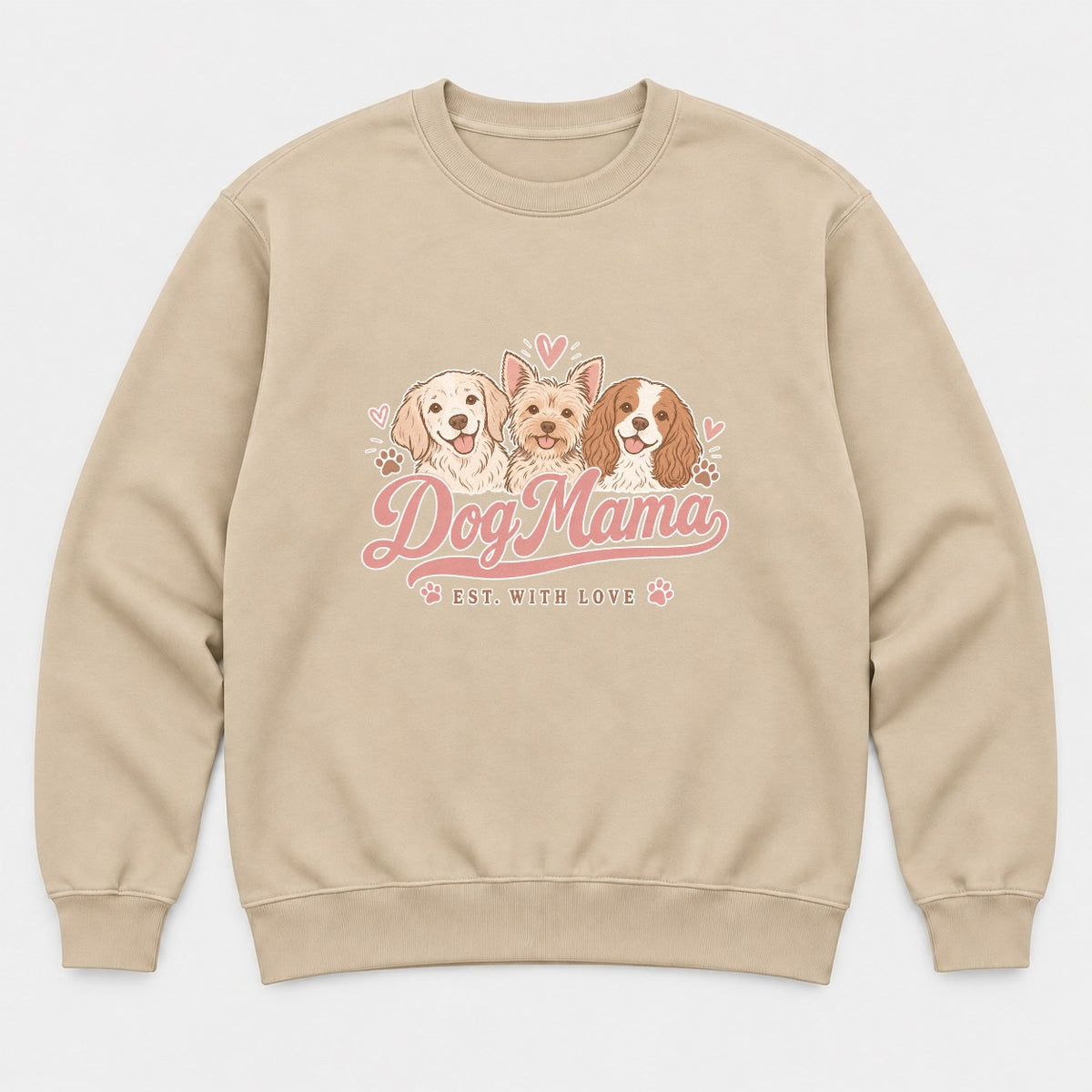 Dog Mama Est. With Love Cute Puppy Trio Graphic T-Shirt & Sweatshirt - Sweatshirt Sand Front