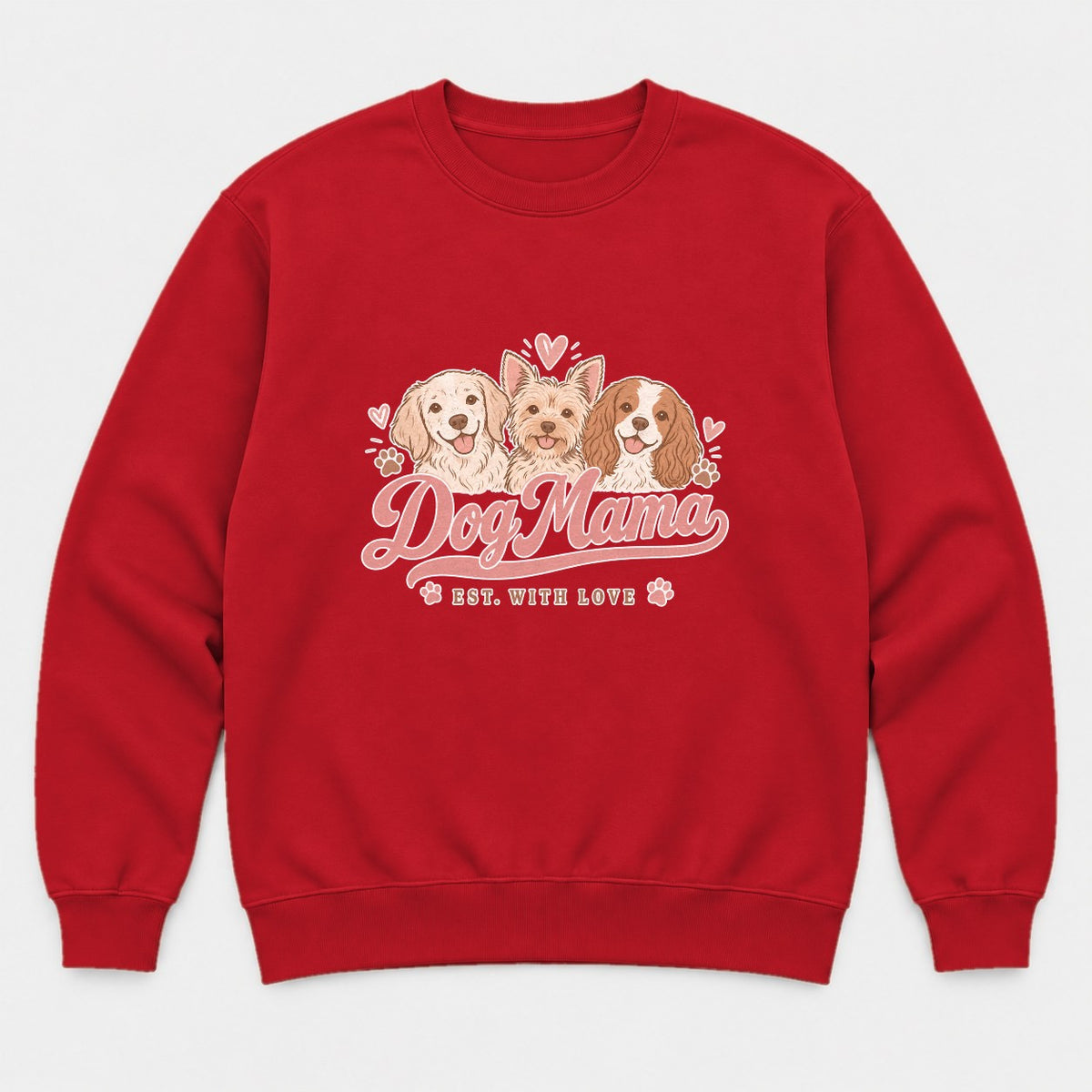 Dog Mama Est. With Love Cute Puppy Trio Graphic T-Shirt & Sweatshirt - Sweatshirt Red Front