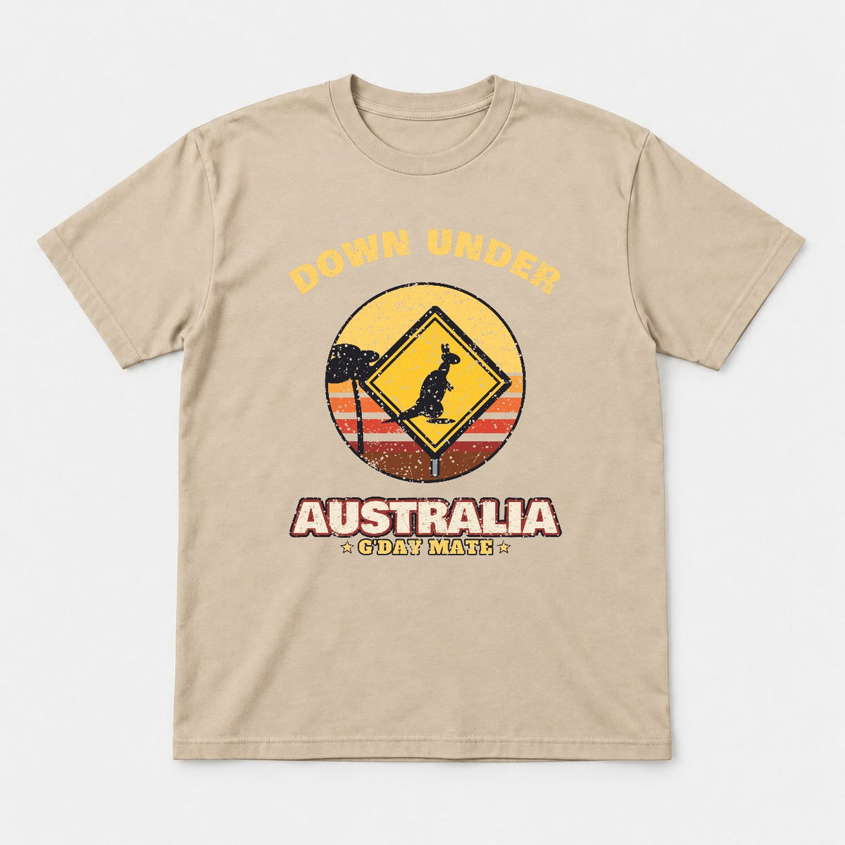 Down Under Australia Shirt – Retro Kangaroo Sign Tee - Tshirt Sand Front