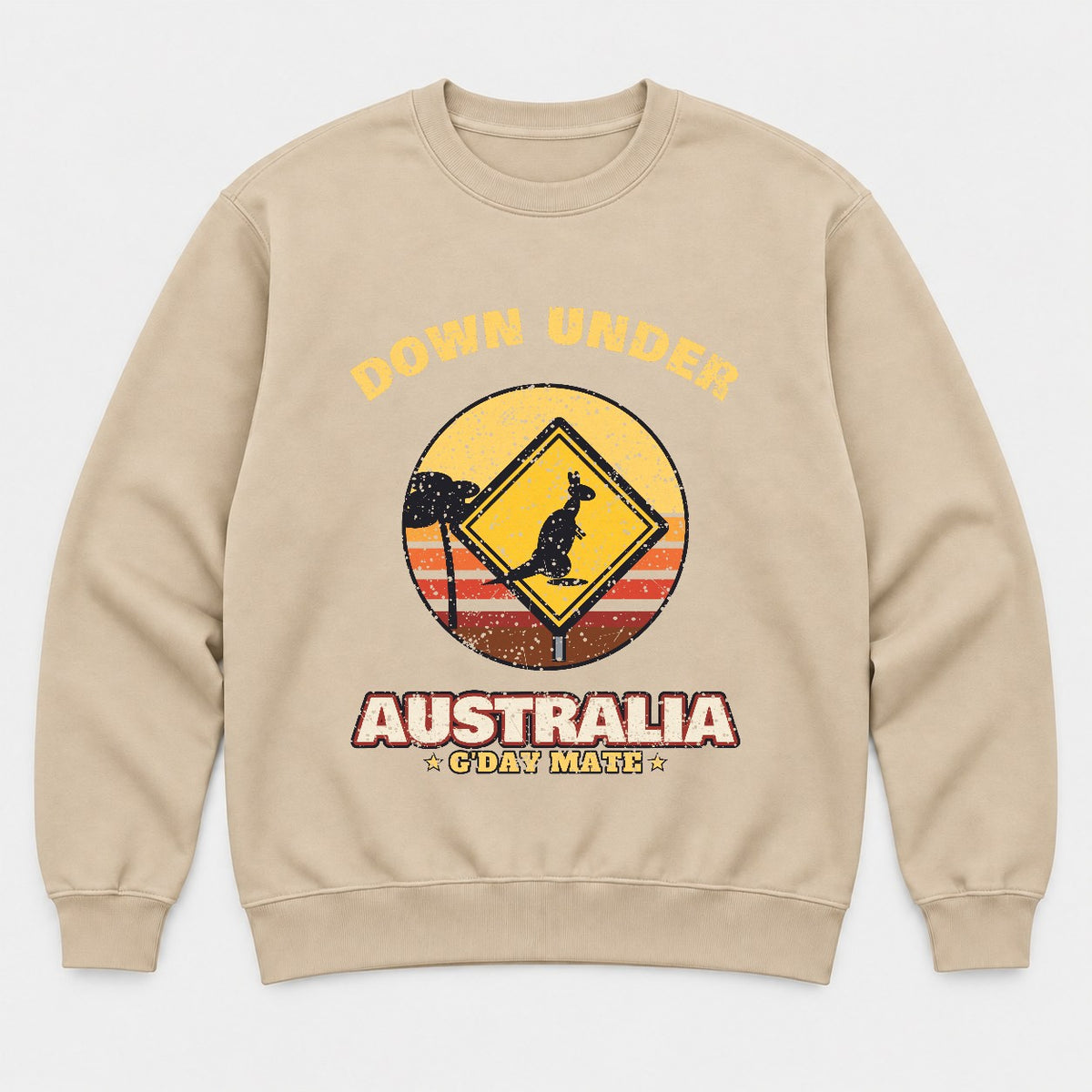 Down Under Australia Shirt – Retro Kangaroo Sign Tee - Sweatshirt Sand Front