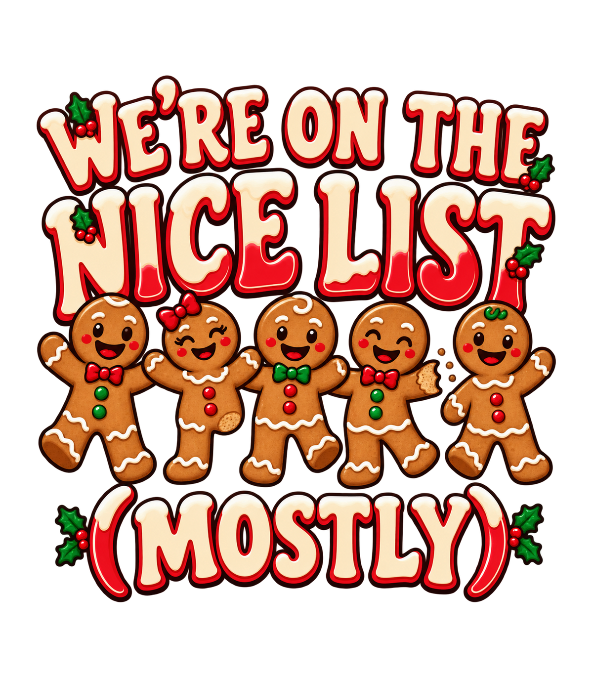 We're On The Nice List (Mostly) Gingerbread Christmas Graphic T-Shirt & Sweatshirt - print file Back