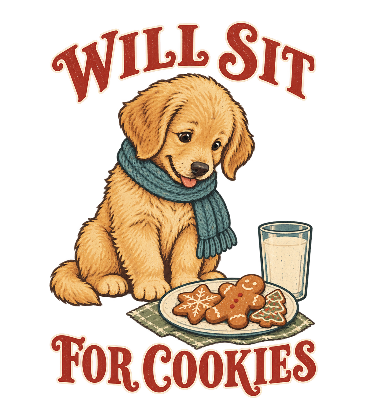 Will Sit For Cookies Golden Retriever Puppy Christmas Graphic T-Shirt & Sweatshirt - print file Front