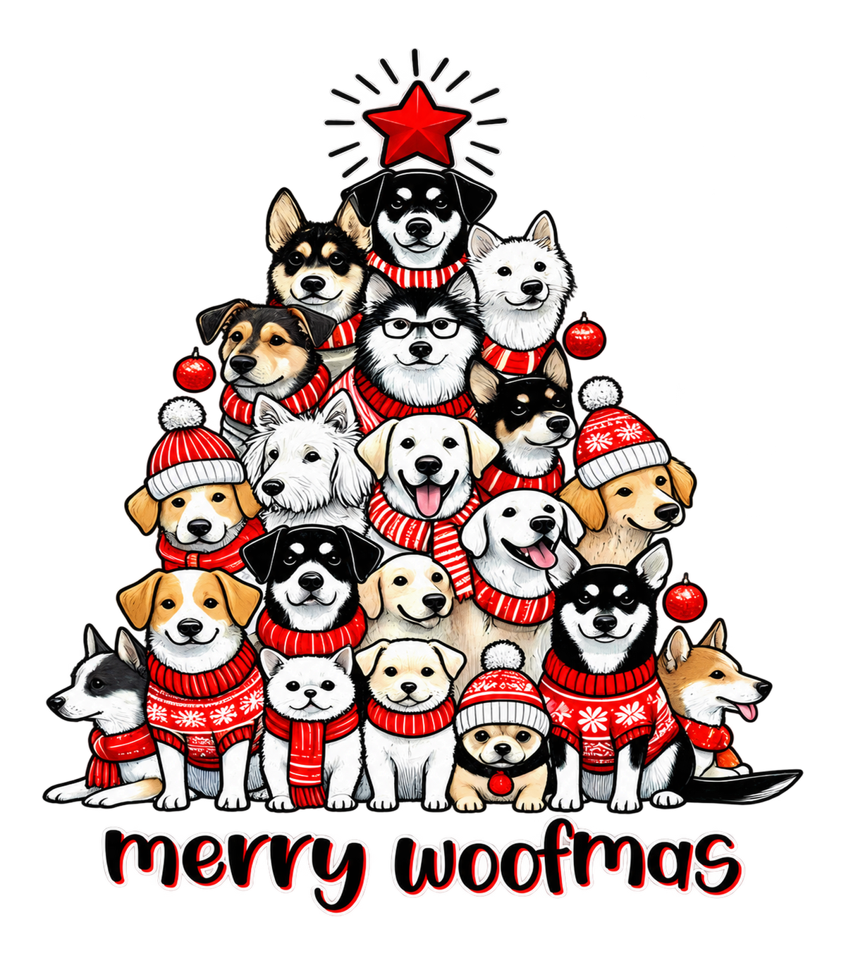 Merry Woofmas Dog Christmas Tree Graphic T-Shirt & Sweatshirt - print file Front