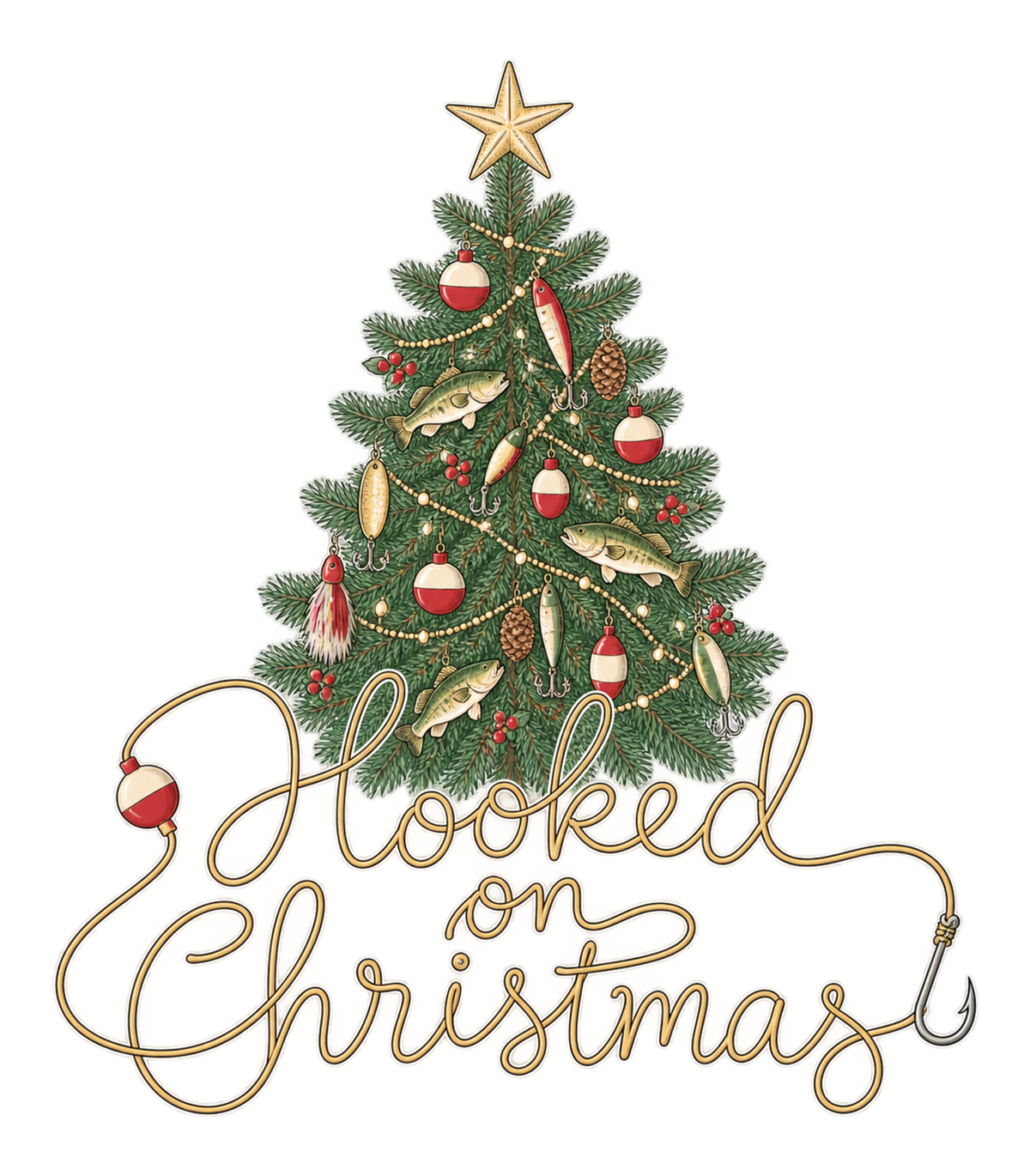 Hooked on Christmas Fishing Christmas Tree Graphic T-Shirt & Sweatshirt - print file Front