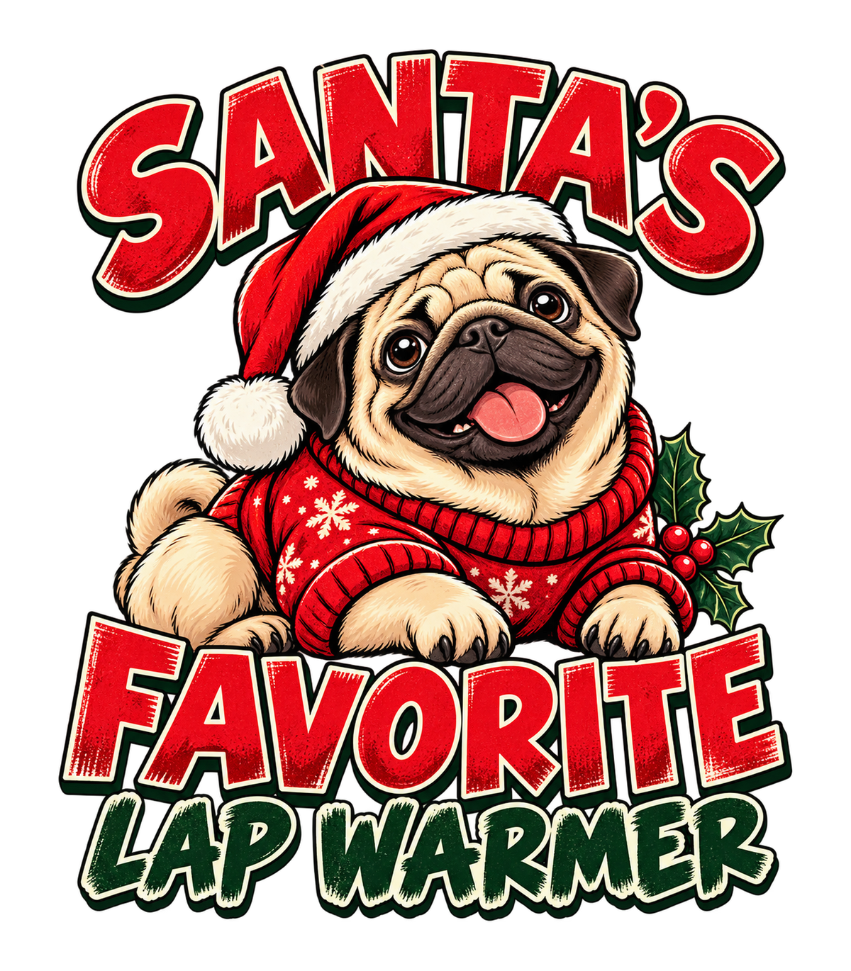 Santa's Favorite Lap Warmer Christmas Pug Graphic T-Shirt & Sweatshirt - print file Front