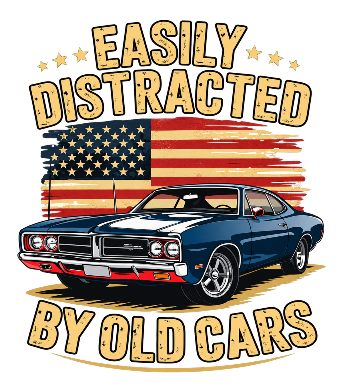 Easily Distracted By Old Cars Retro American Flag Muscle Car Graphic T-Shirt & Sweatshirt - print file Back