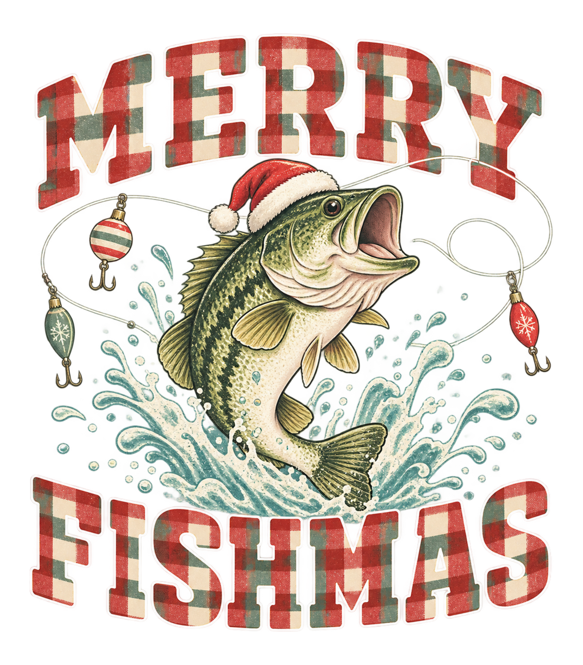 Merry Fishmas Vintage Plaid Bass Fishing Christmas Graphic T-Shirt & Sweatshirt - print file Front