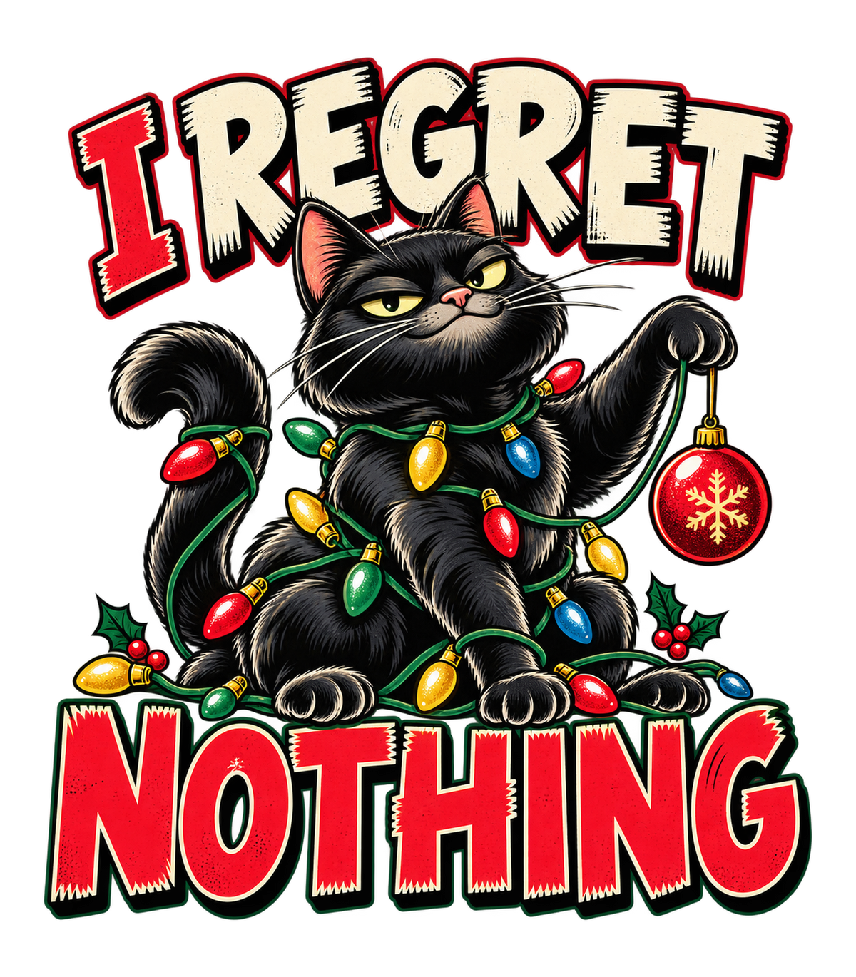 I Regret Nothing Christmas Lights Black Cat Graphic T-Shirt & Sweatshirt - print file Front