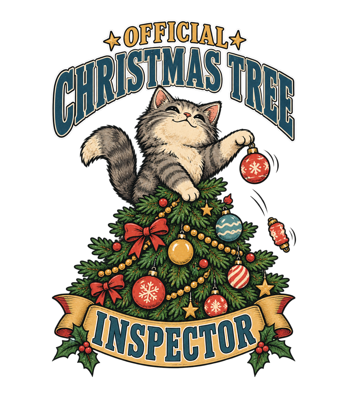 Official Christmas Tree Inspector Cat Graphic T-Shirt & Sweatshirt - print file Front