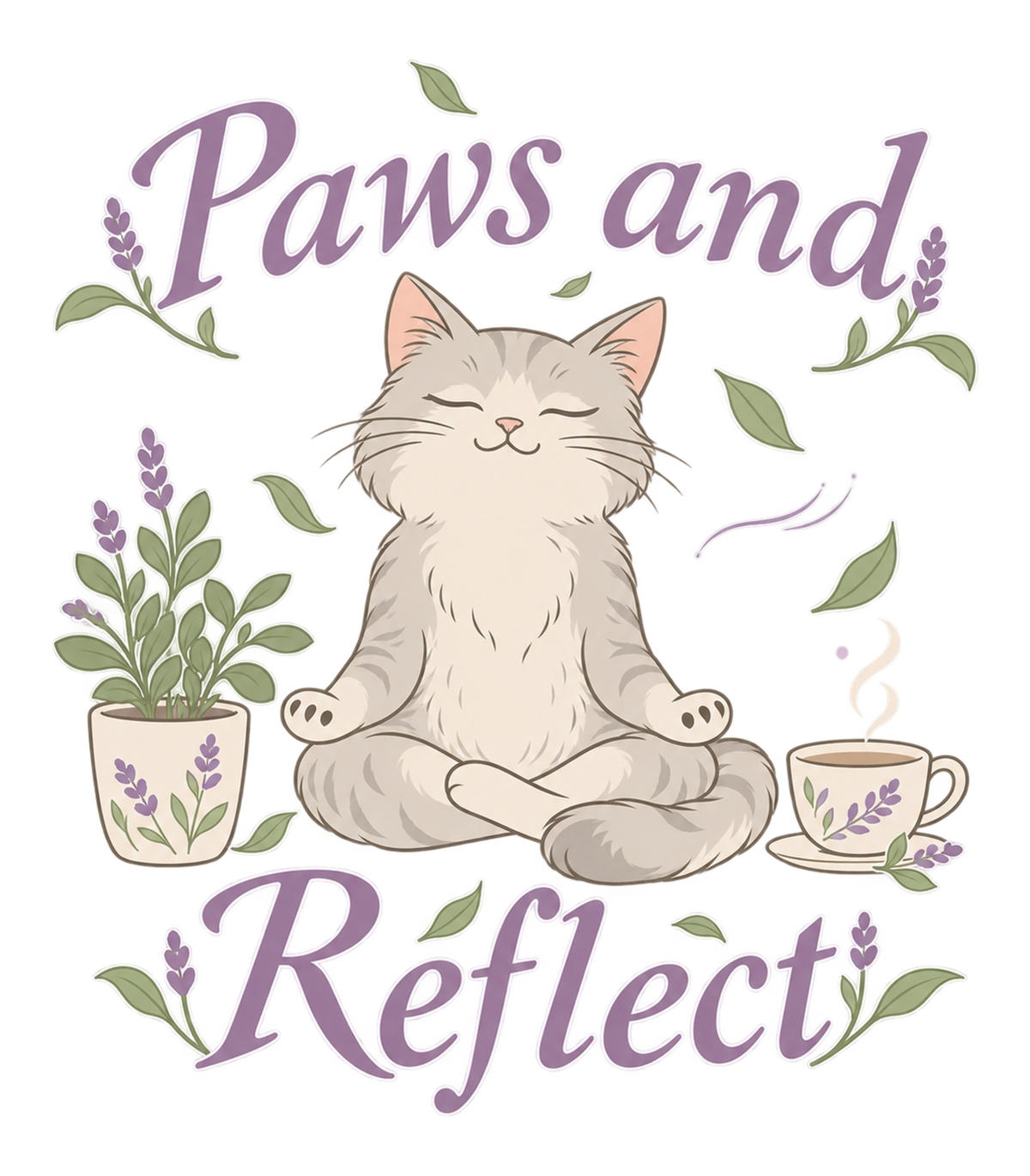 Paws and Reflect Meditating Cat Lavender Graphic T-Shirt & Sweatshirt - print file Front