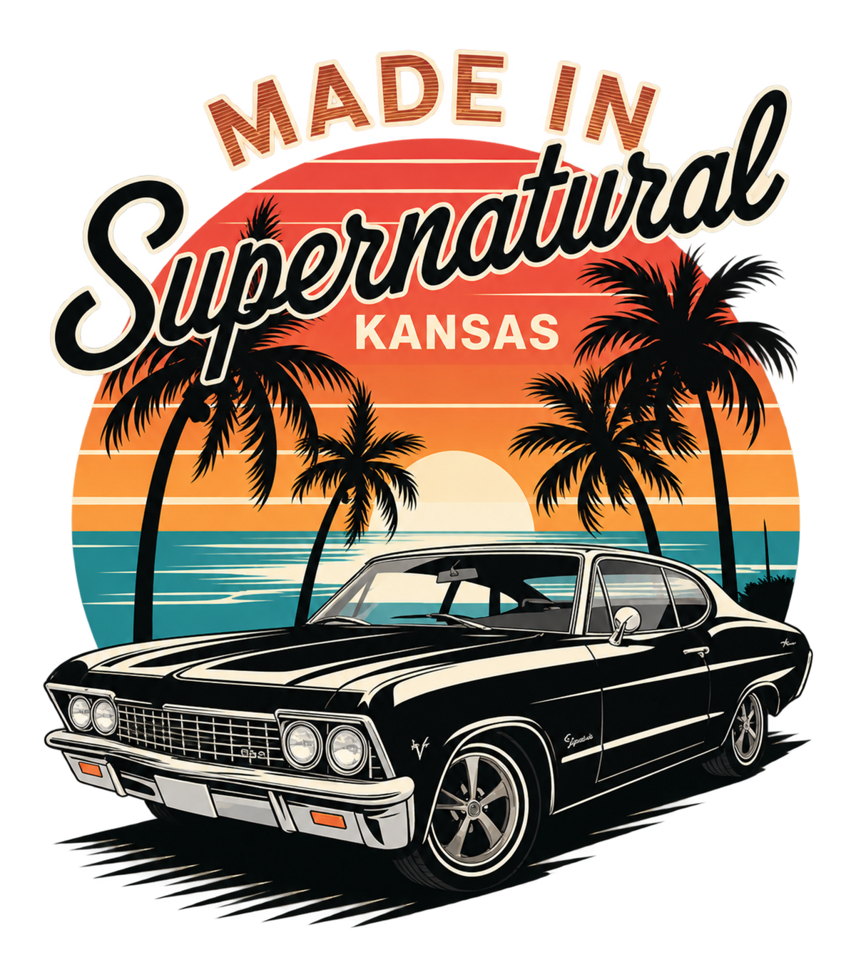 Made In Supernatural Kansas Retro Sunset Muscle Car Graphic T-Shirt & Sweatshirt - print file Back