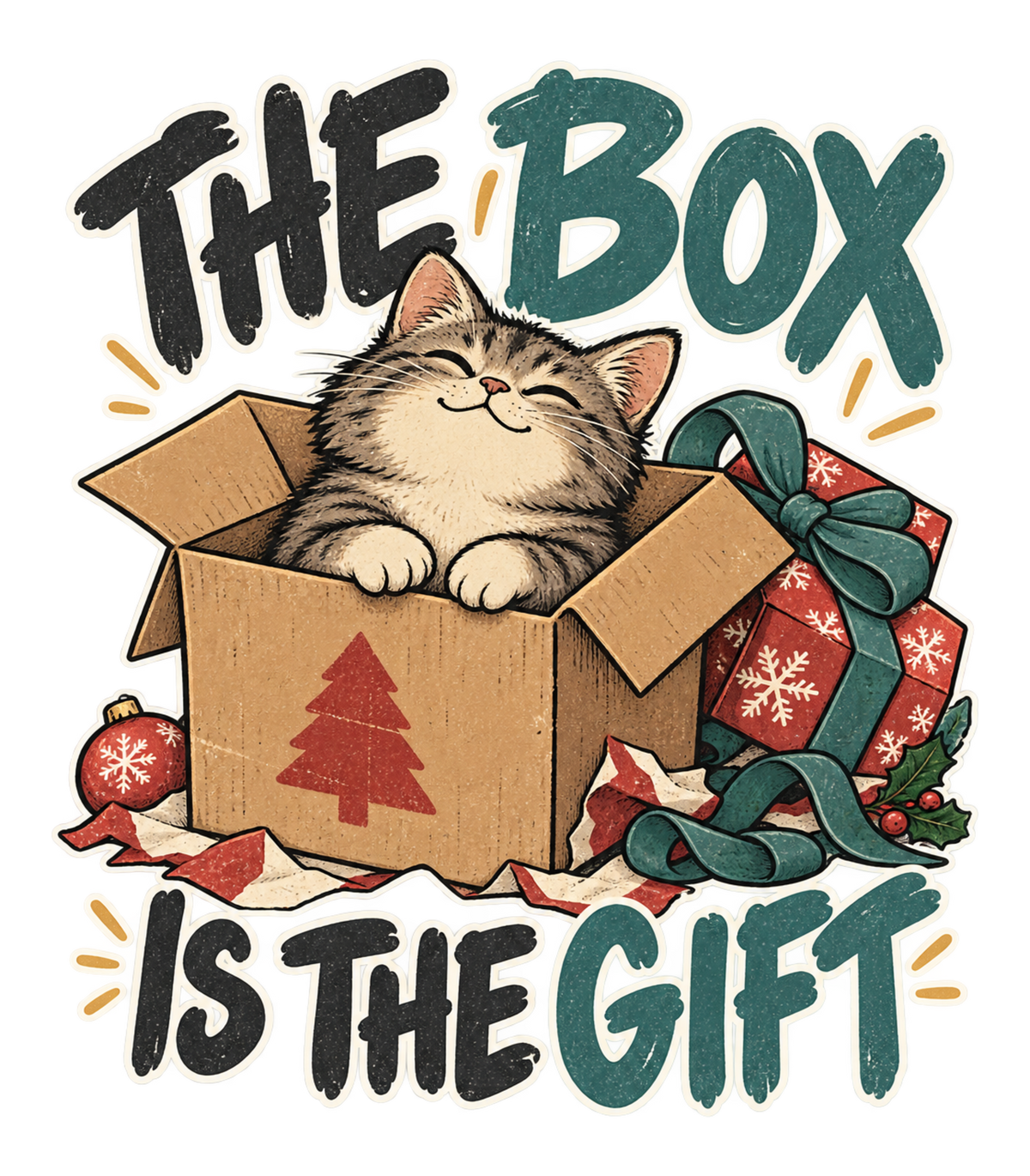 The Box Is The Gift Cozy Christmas Cat Graphic T-Shirt & Sweatshirt - print file Front