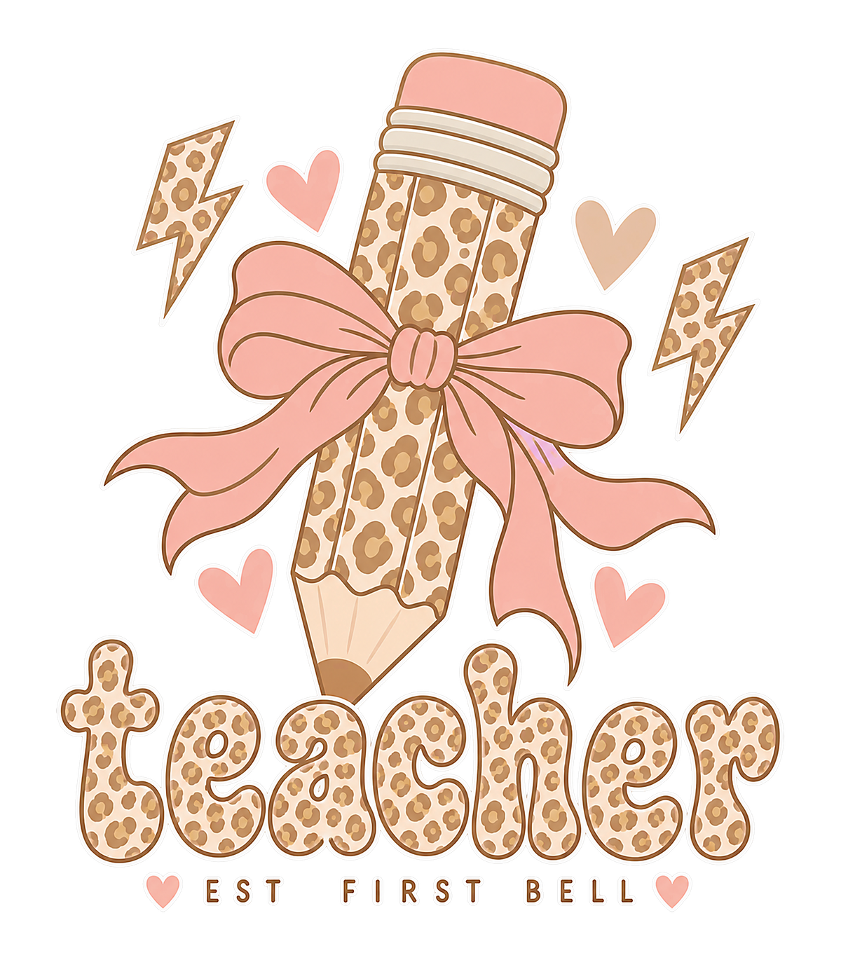 Teacher Est First Bell Leopard Pencil Coquette Bow Graphic T-Shirt & Sweatshirt - print file Front