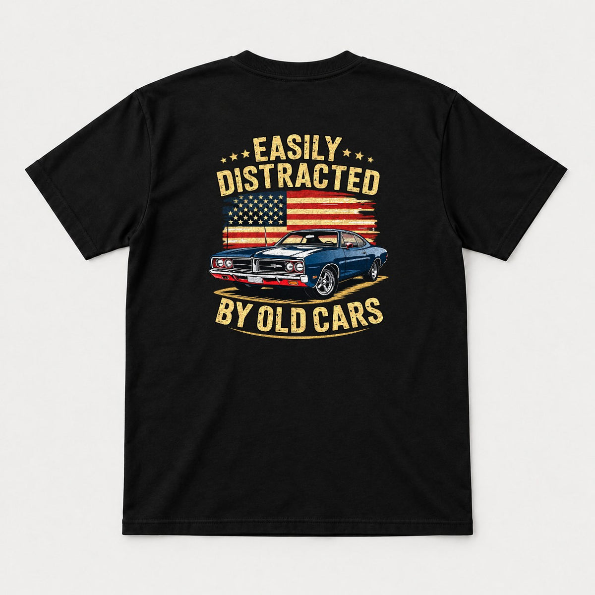 Easily Distracted By Old Cars Retro American Flag Muscle Car Graphic T-Shirt & Sweatshirt - Tshirt Black Back