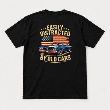 Easily Distracted By Old Cars Retro American Flag Muscle Car Graphic T-Shirt & Sweatshirt - Tshirt Black Back