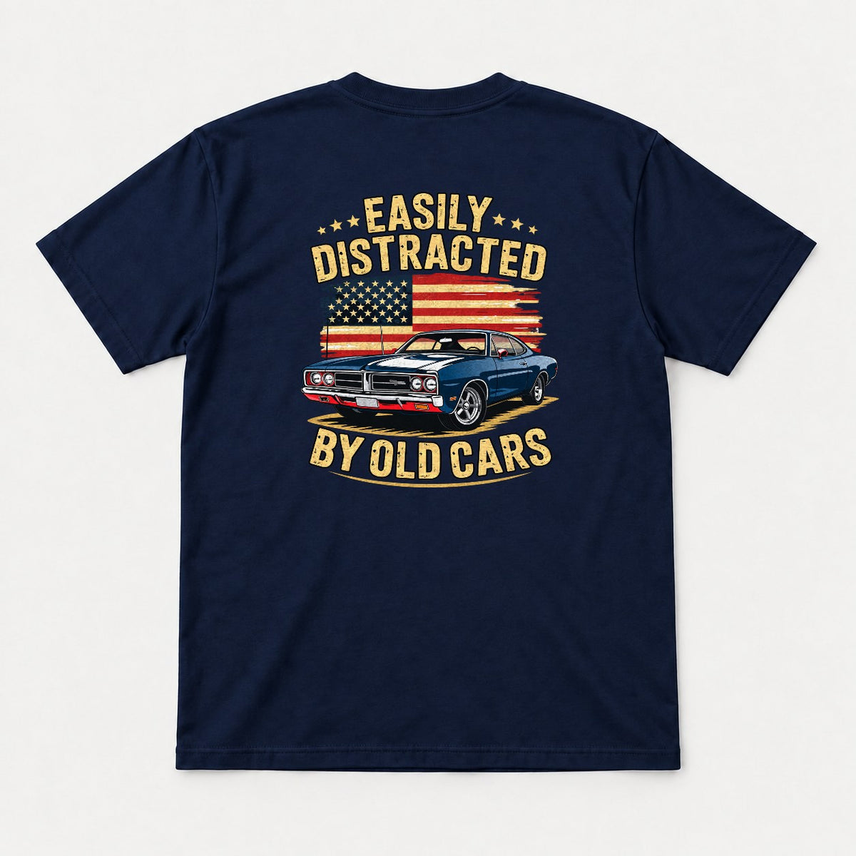 Easily Distracted By Old Cars Retro American Flag Muscle Car Graphic T-Shirt & Sweatshirt - Tshirt Navy Back