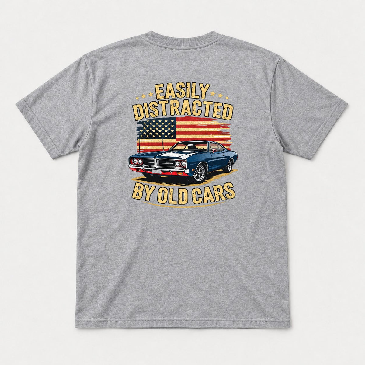 Easily Distracted By Old Cars Retro American Flag Muscle Car Graphic T-Shirt & Sweatshirt - Tshirt Sport Grey Back