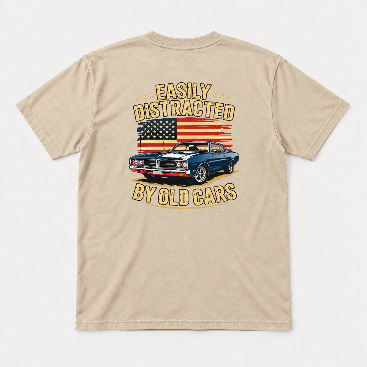 Easily Distracted By Old Cars Retro American Flag Muscle Car Graphic T-Shirt & Sweatshirt - Tshirt Sand Back