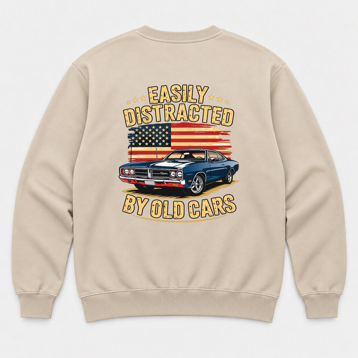 Easily Distracted By Old Cars Retro American Flag Muscle Car Graphic T-Shirt & Sweatshirt - Sweatshirt Sand Back