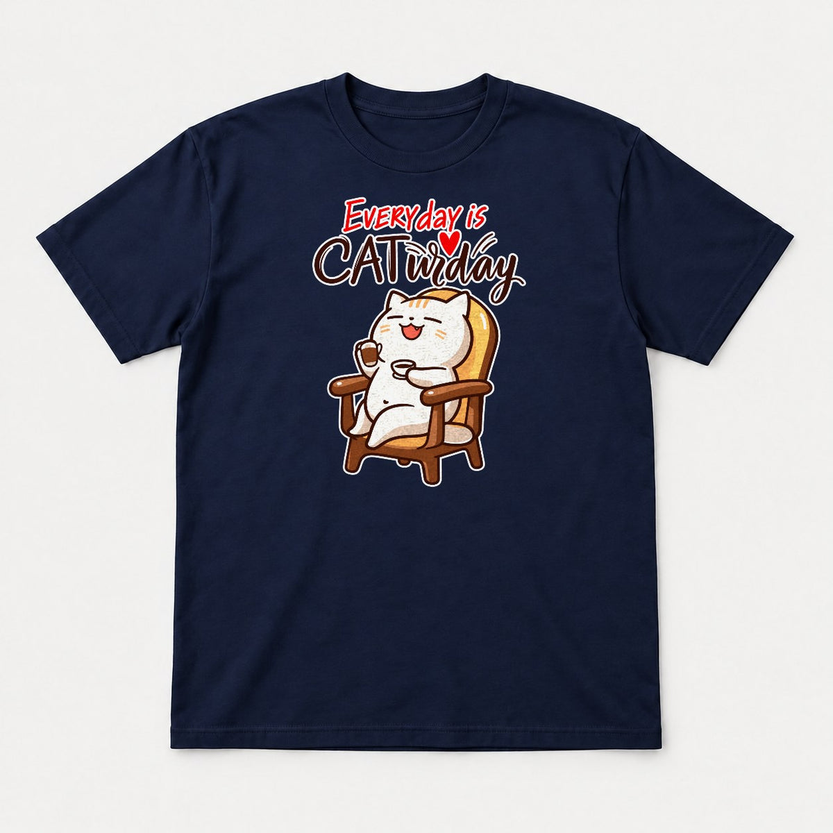 Everyday Is Caturday Relaxed Cat Graphic T-Shirt & Sweatshirt - Tshirt Navy Front