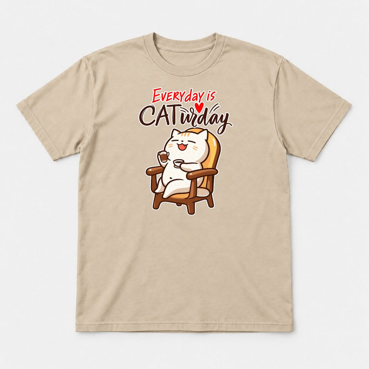 Everyday Is Caturday Relaxed Cat Graphic T-Shirt & Sweatshirt - Tshirt Sand Front