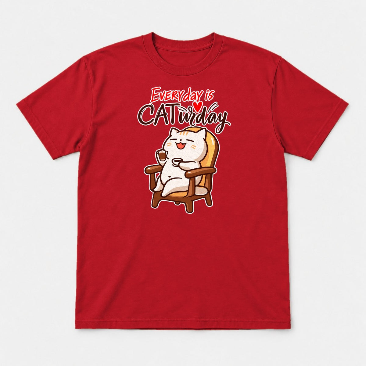Everyday Is Caturday Relaxed Cat Graphic T-Shirt & Sweatshirt - Tshirt Red Front