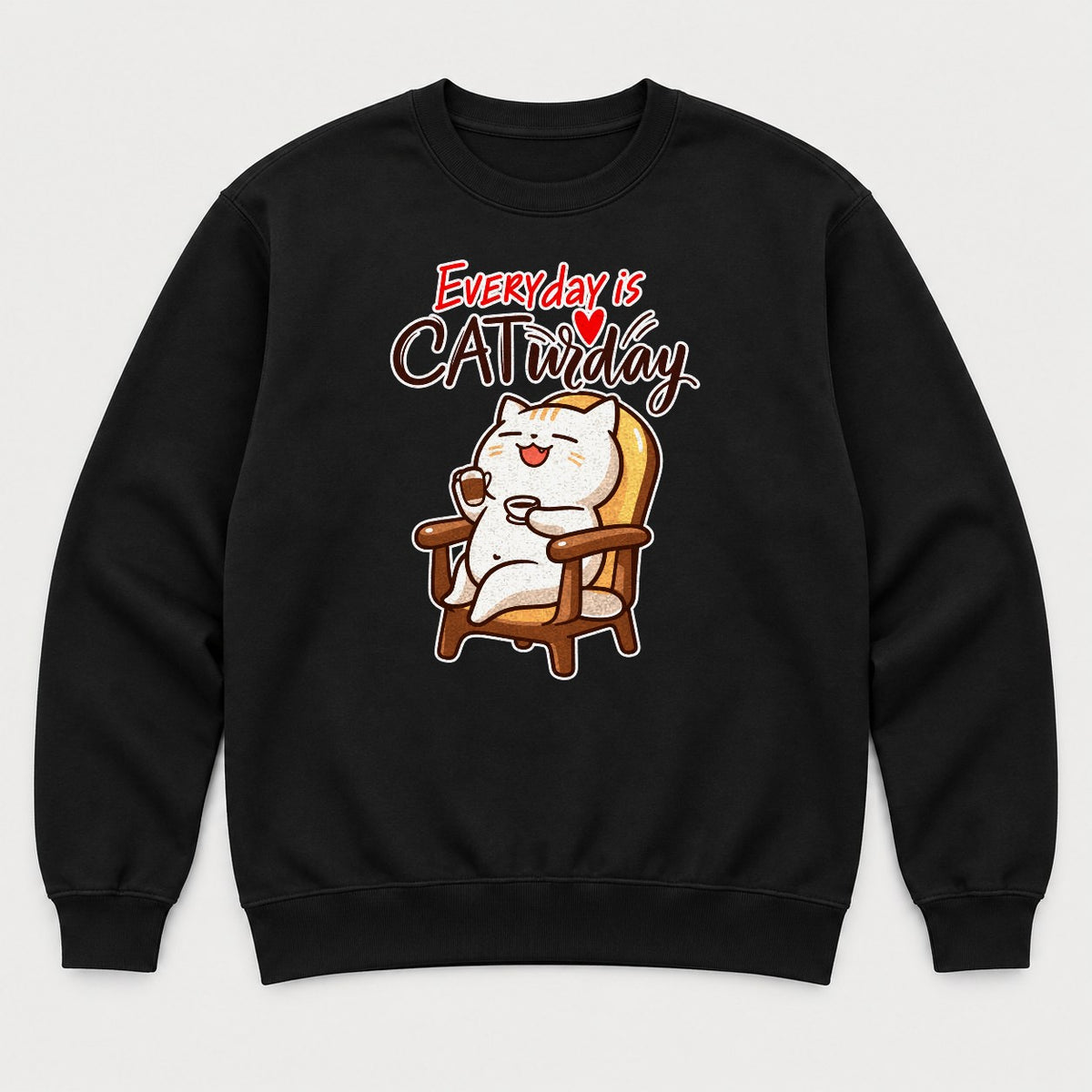 Everyday Is Caturday Relaxed Cat Graphic T-Shirt & Sweatshirt - Sweatshirt Black Front