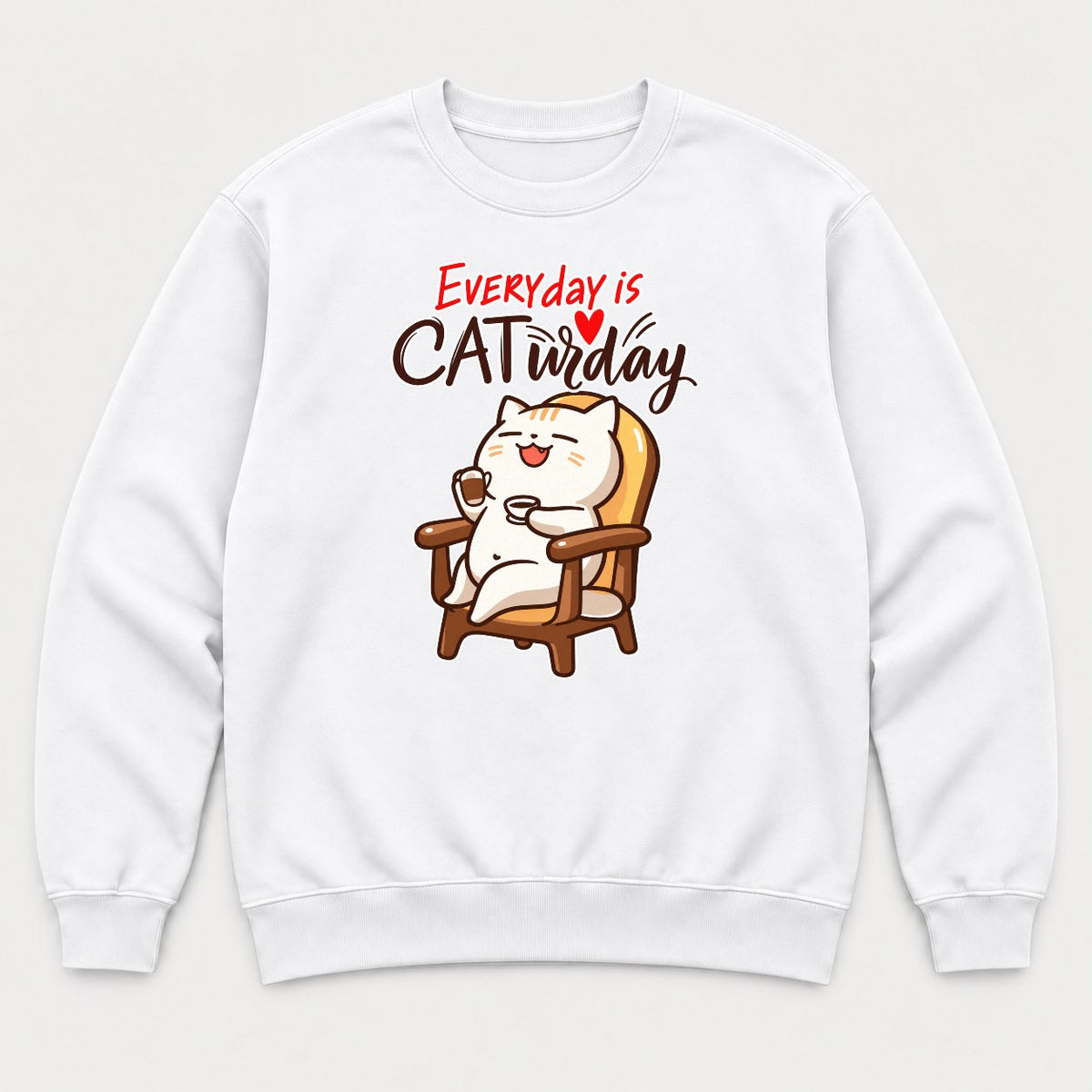 Everyday Is Caturday Relaxed Cat Graphic T-Shirt & Sweatshirt - Sweatshirt White Front