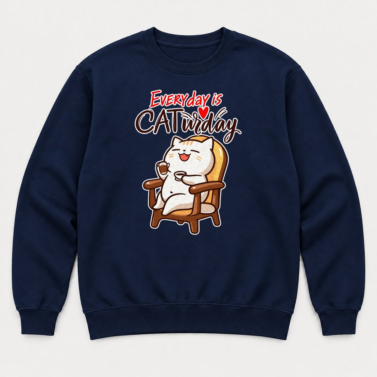 Everyday Is Caturday Relaxed Cat Graphic T-Shirt & Sweatshirt - Sweatshirt Navy Front