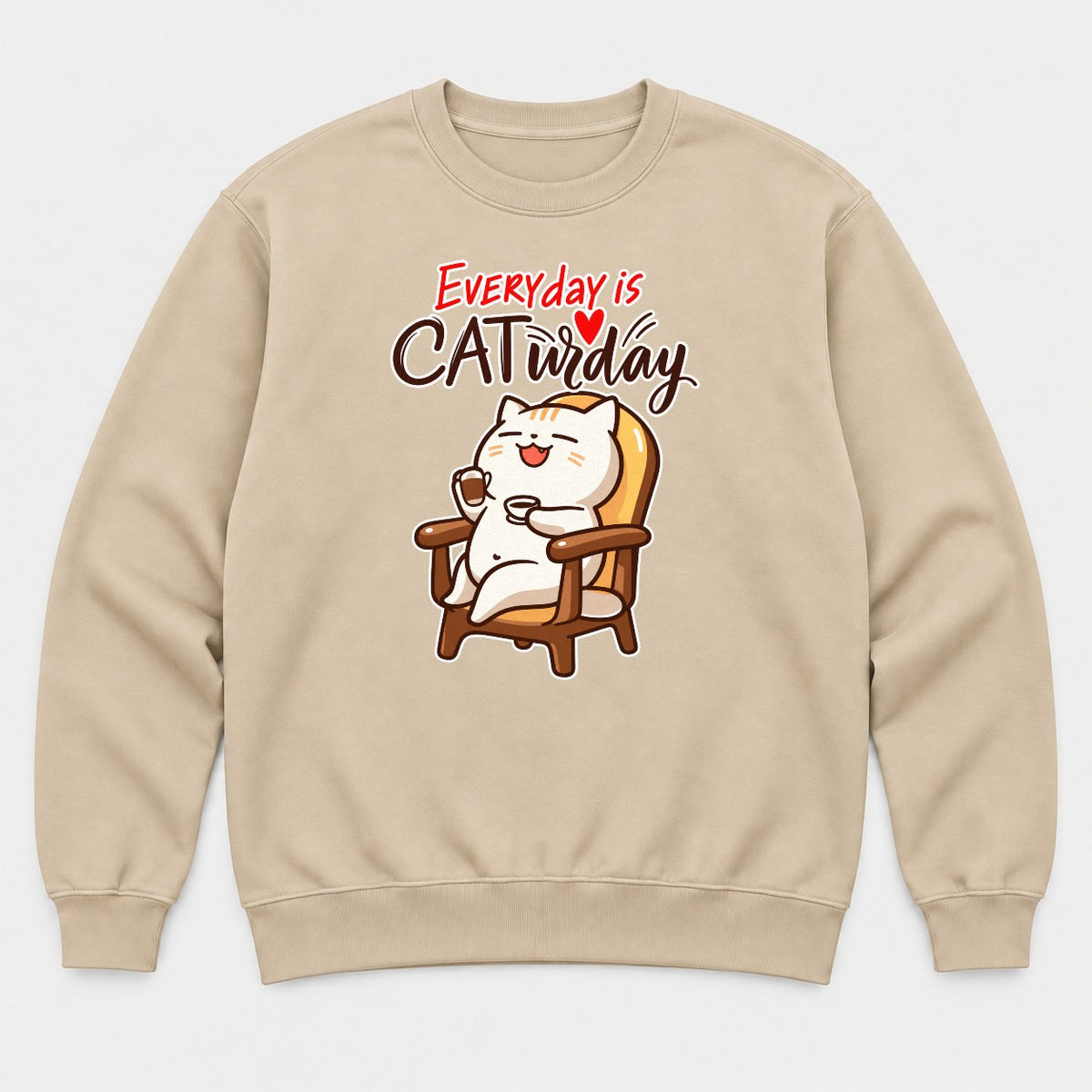 Everyday Is Caturday Relaxed Cat Graphic T-Shirt & Sweatshirt - Sweatshirt Sand Front