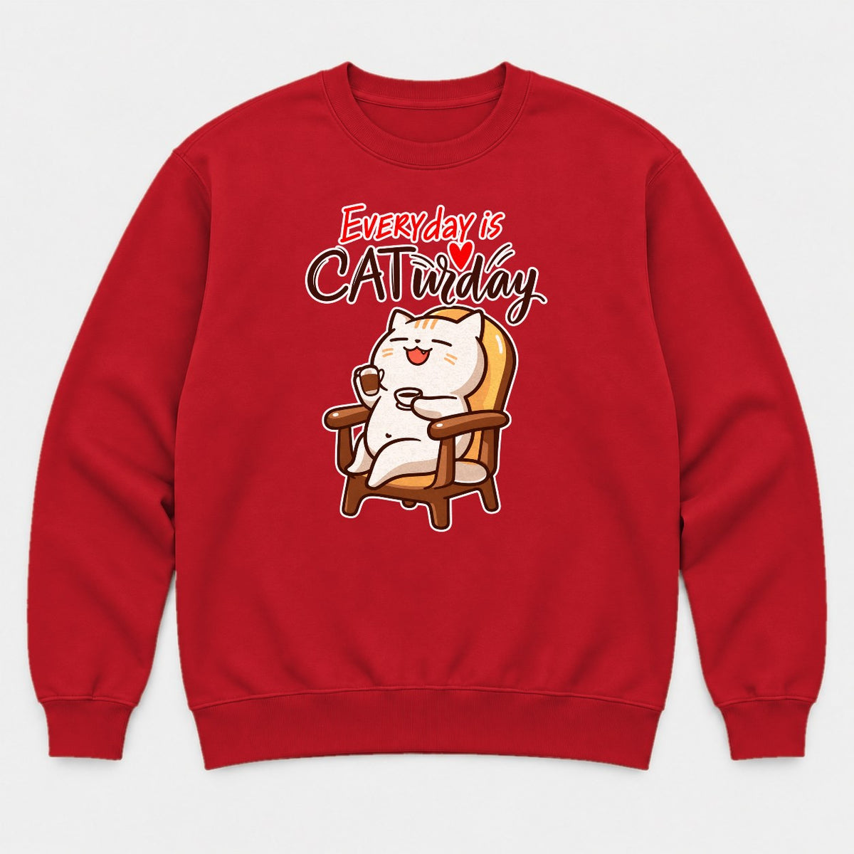 Everyday Is Caturday Relaxed Cat Graphic T-Shirt & Sweatshirt - Sweatshirt Red Front