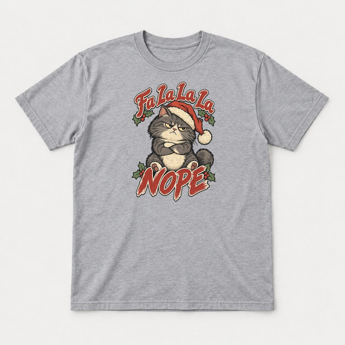 Fa La La La Nope Grumpy Christmas Cat Graphic T-Shirt & Sweatshirt - Tshirt Sport Grey Front