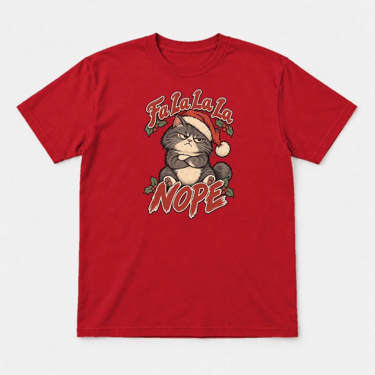 Fa La La La Nope Grumpy Christmas Cat Graphic T-Shirt & Sweatshirt - Tshirt Red Front