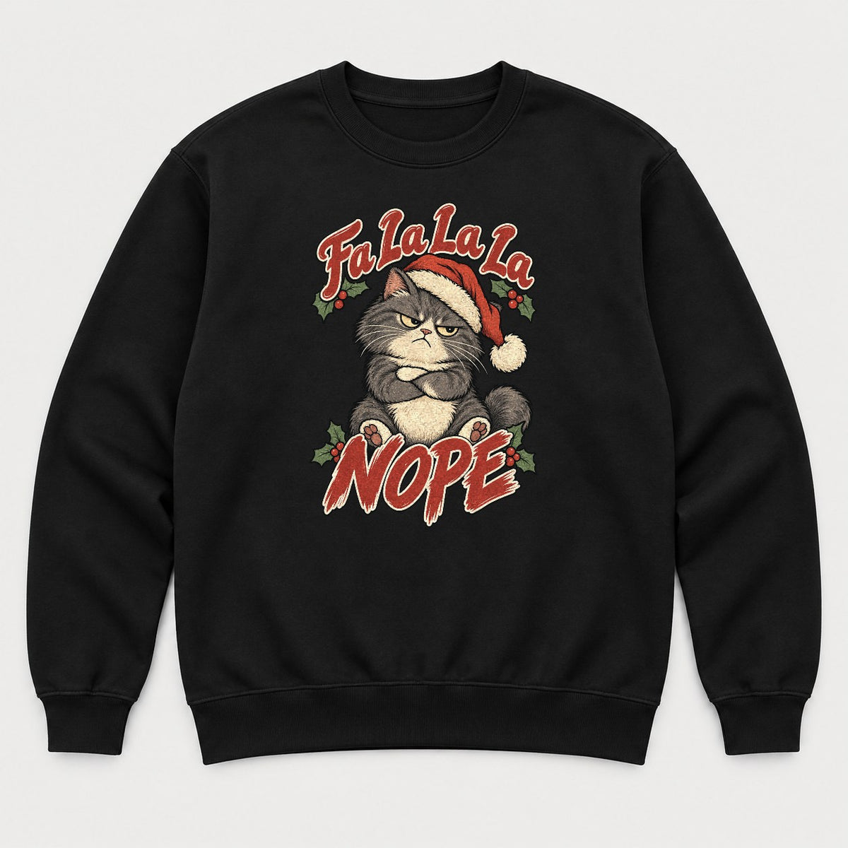 Fa La La La Nope Grumpy Christmas Cat Graphic T-Shirt & Sweatshirt - Sweatshirt Black Front