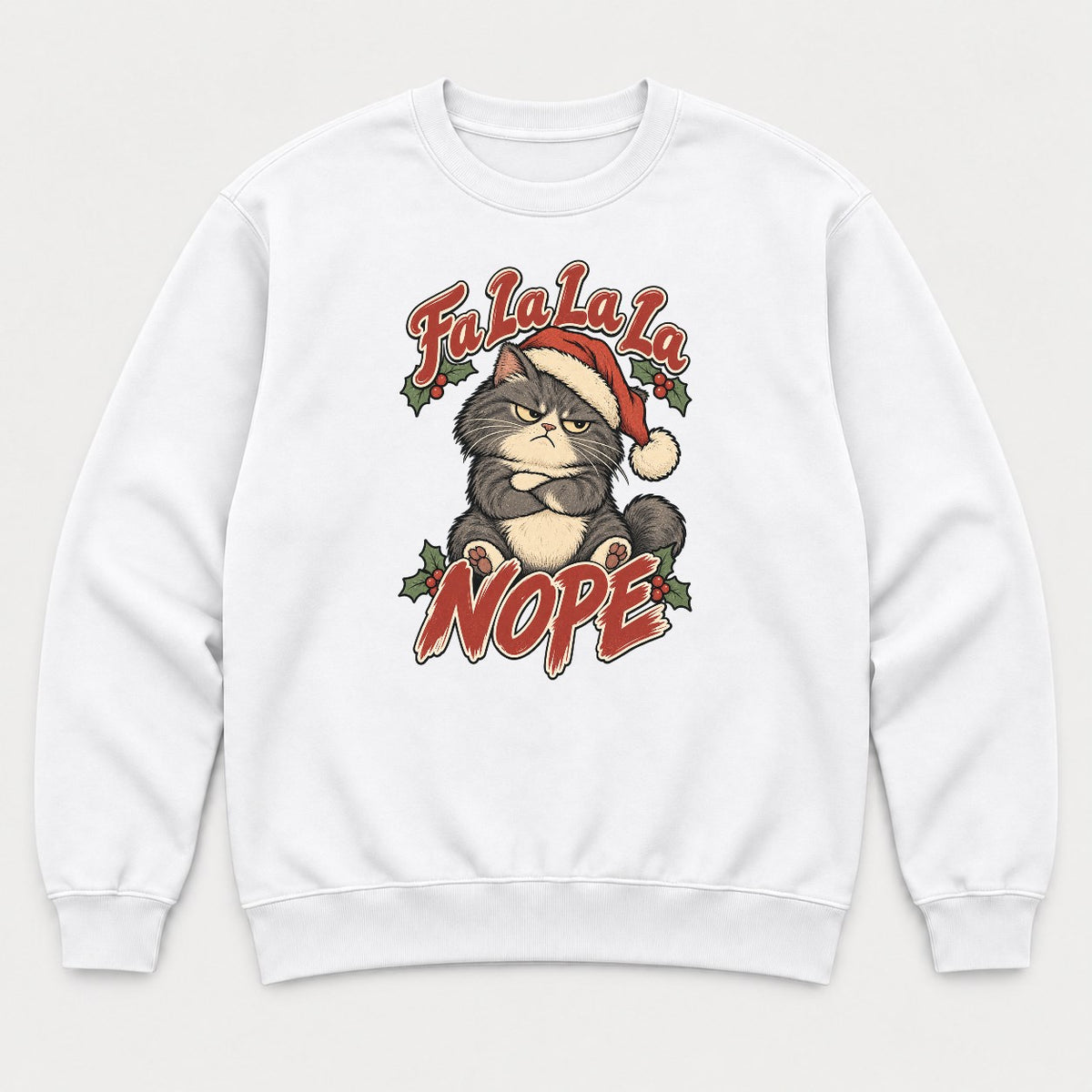 Fa La La La Nope Grumpy Christmas Cat Graphic T-Shirt & Sweatshirt - Sweatshirt White Front