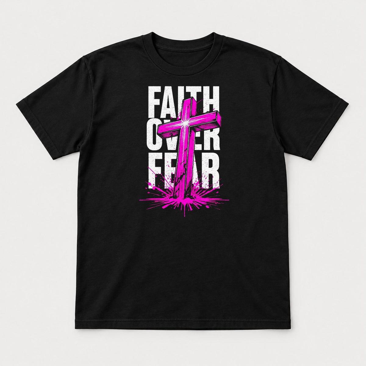 Faith Over Fear Pink Cross Graphic T-Shirt & Sweatshirt - Tshirt Black Front