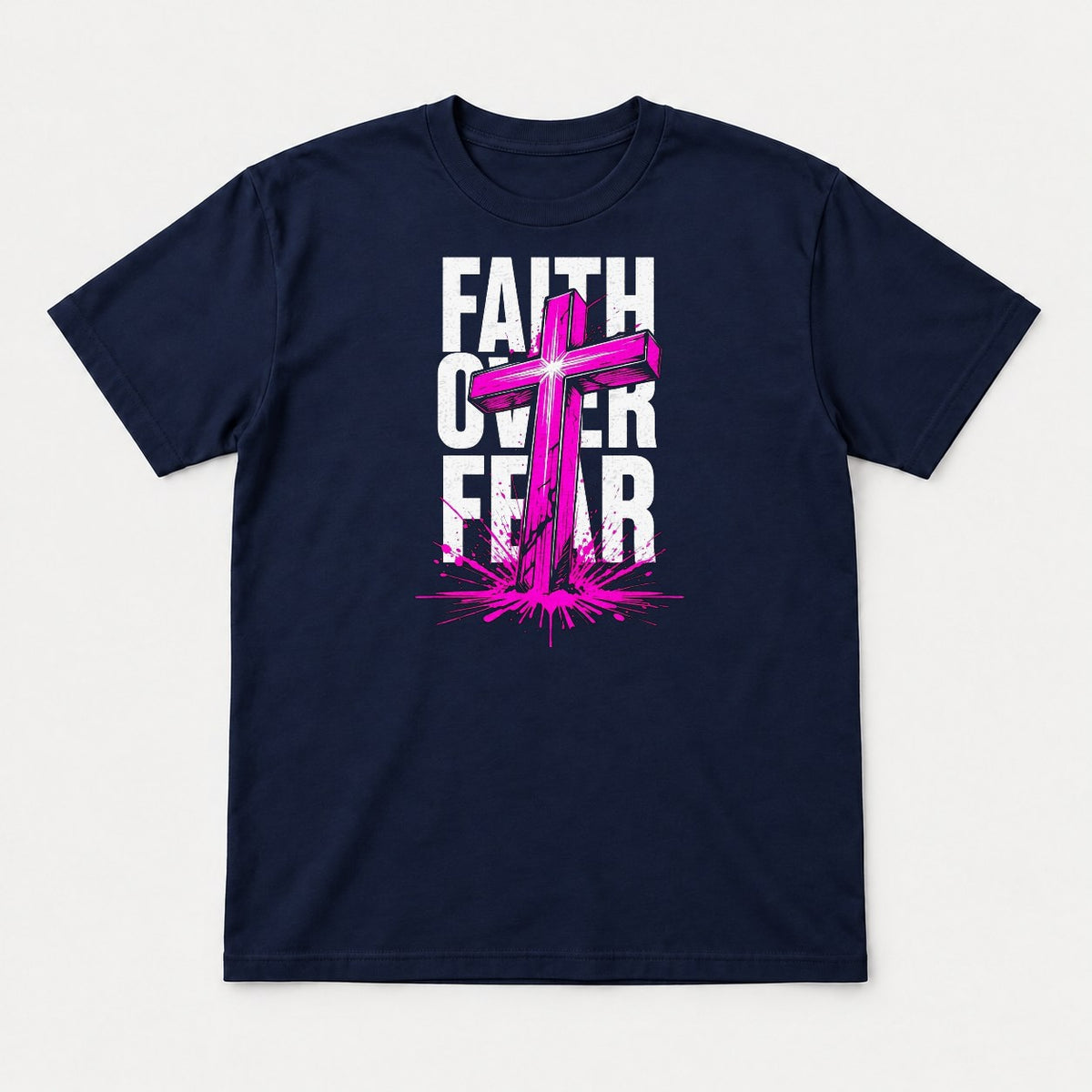 Faith Over Fear Pink Cross Graphic T-Shirt & Sweatshirt - Tshirt Navy Front