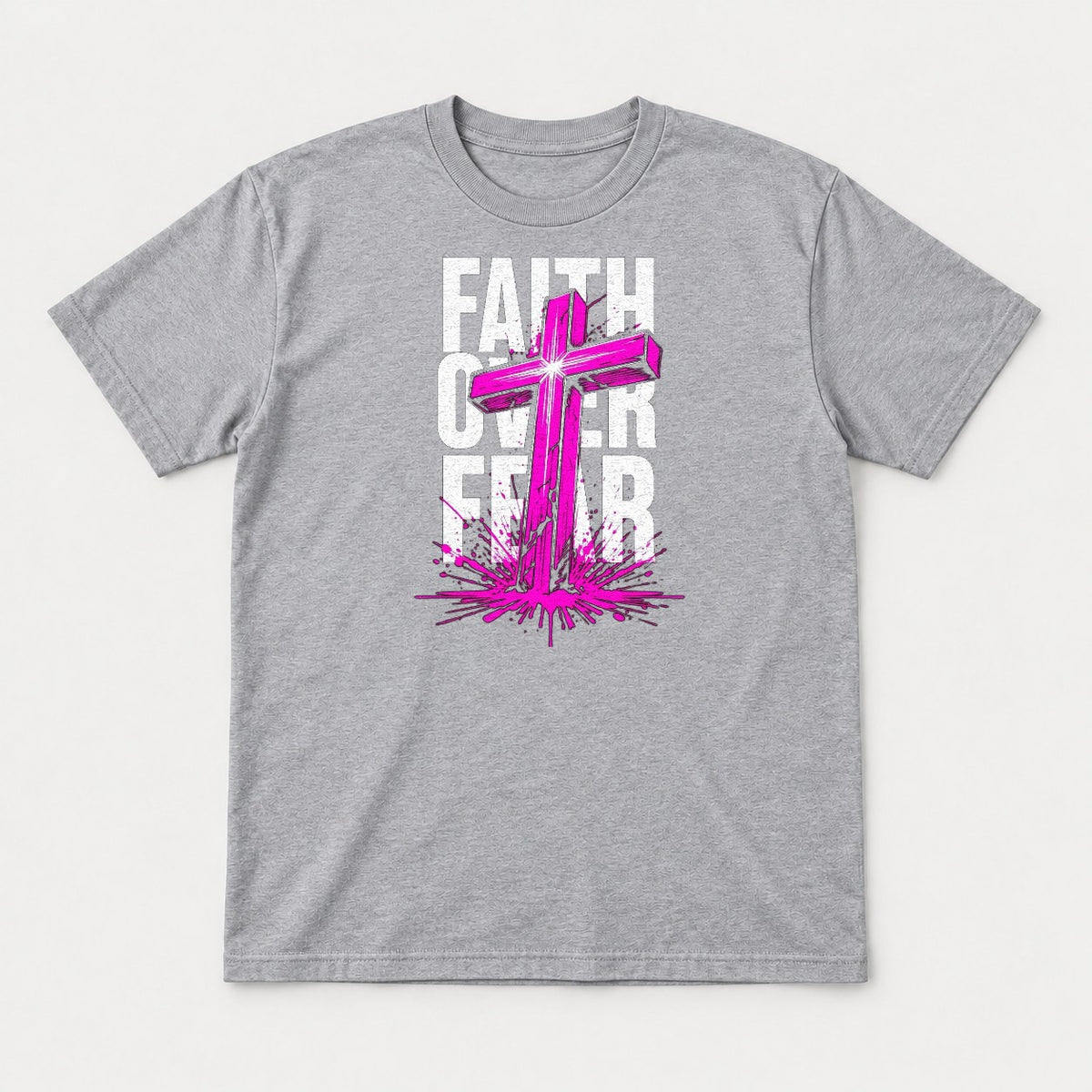Faith Over Fear Pink Cross Graphic T-Shirt & Sweatshirt - Tshirt Sport Grey Front