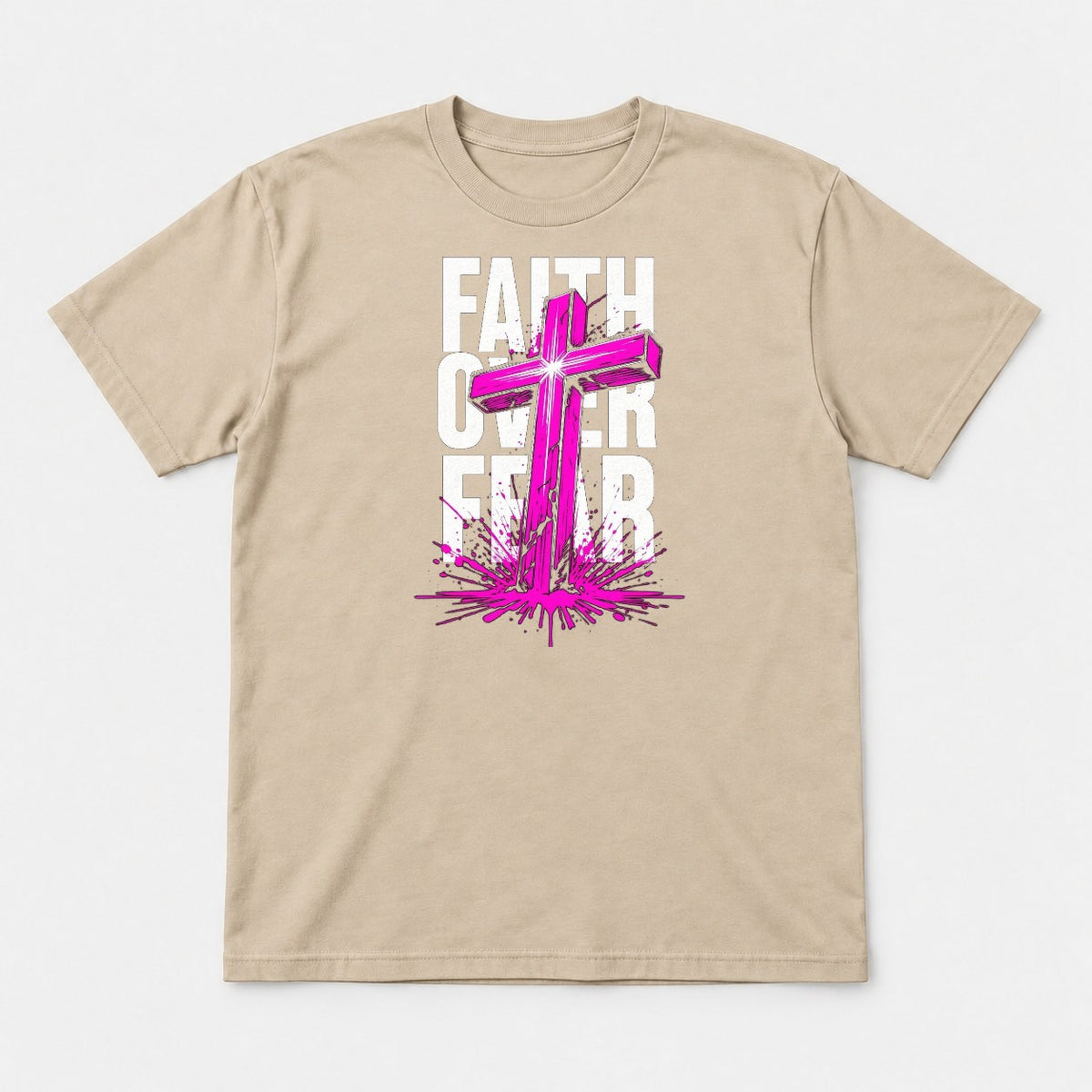 Faith Over Fear Pink Cross Graphic T-Shirt & Sweatshirt - Tshirt Sand Front