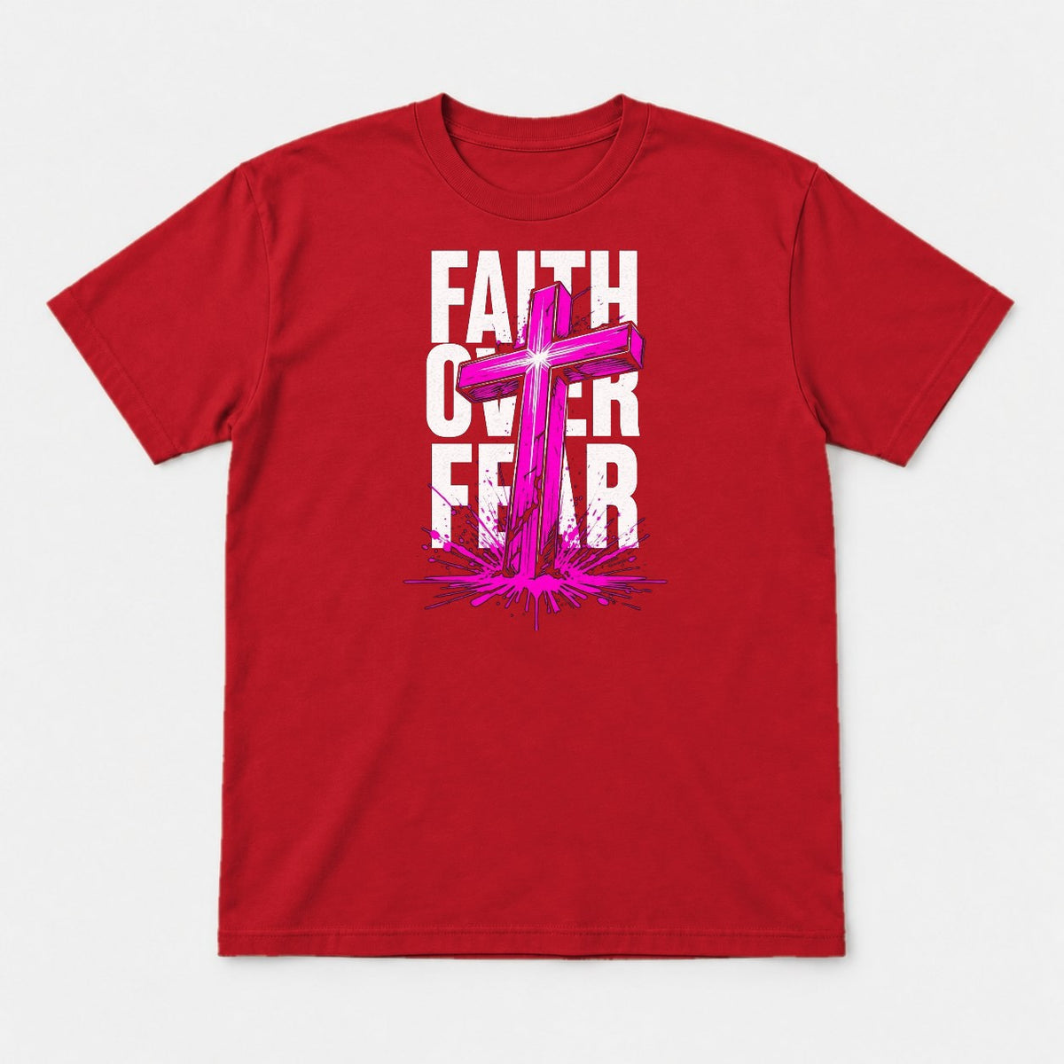 Faith Over Fear Pink Cross Graphic T-Shirt & Sweatshirt - Tshirt Red Front