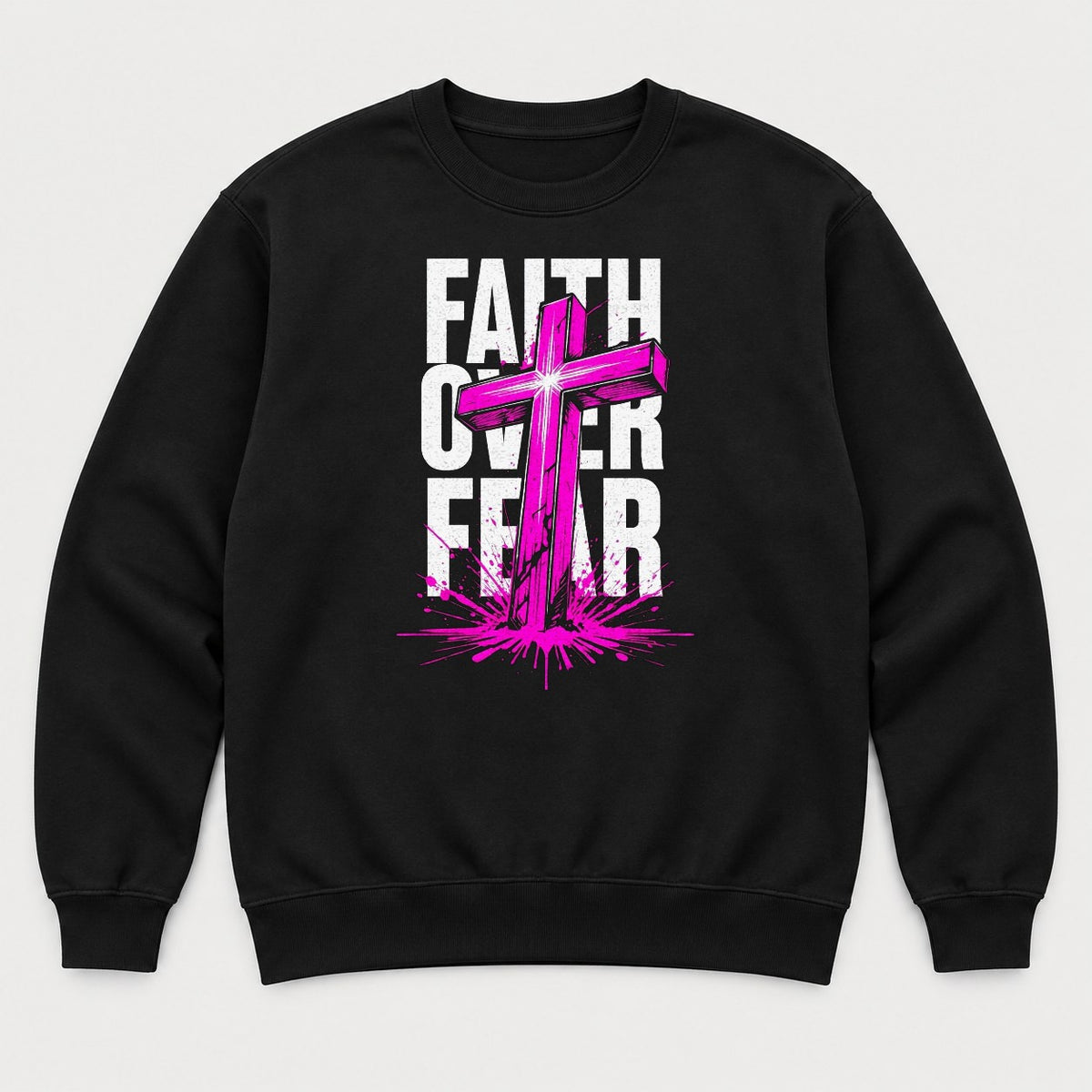 Faith Over Fear Pink Cross Graphic T-Shirt & Sweatshirt - Sweatshirt Black Front