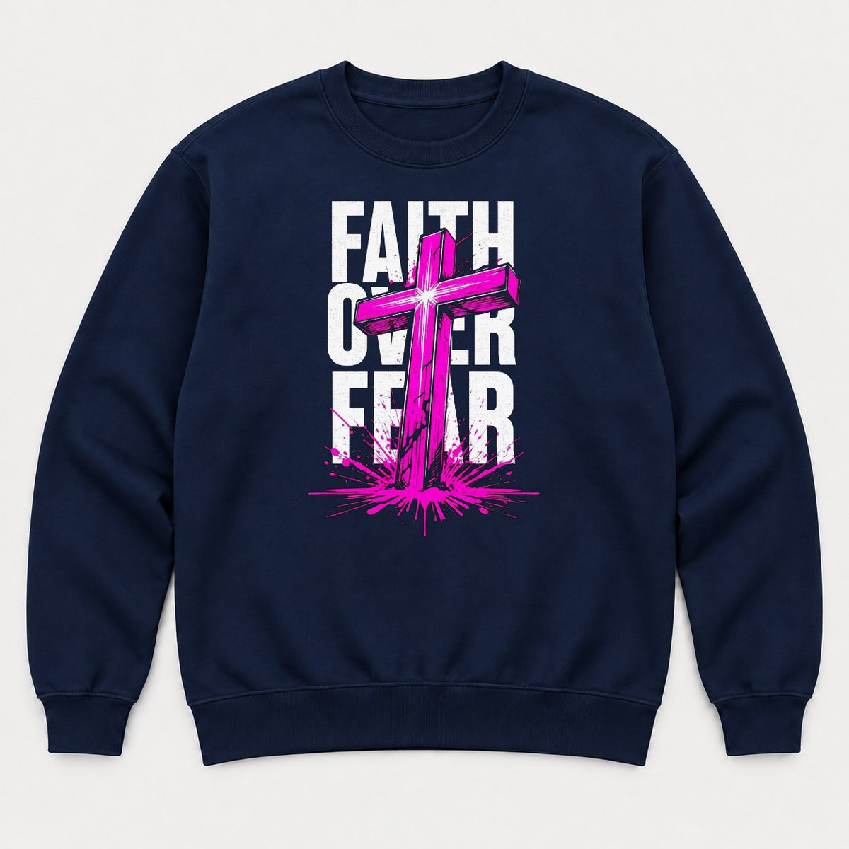 Faith Over Fear Pink Cross Graphic T-Shirt & Sweatshirt - Sweatshirt Navy Front