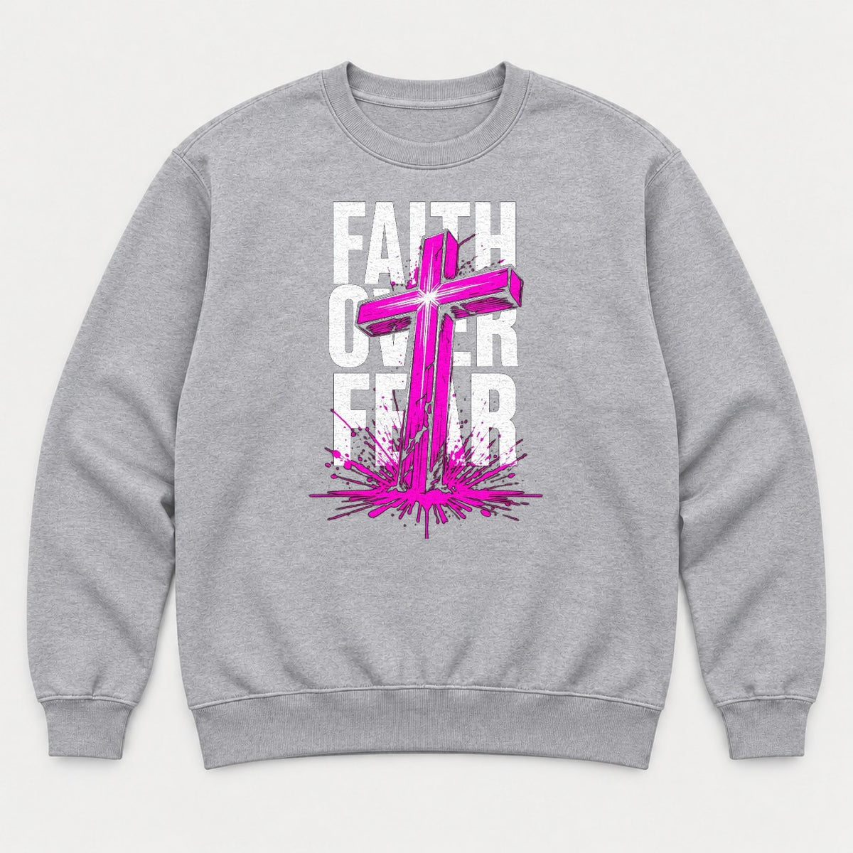 Faith Over Fear Pink Cross Graphic T-Shirt & Sweatshirt - Sweatshirt Sport Grey Front